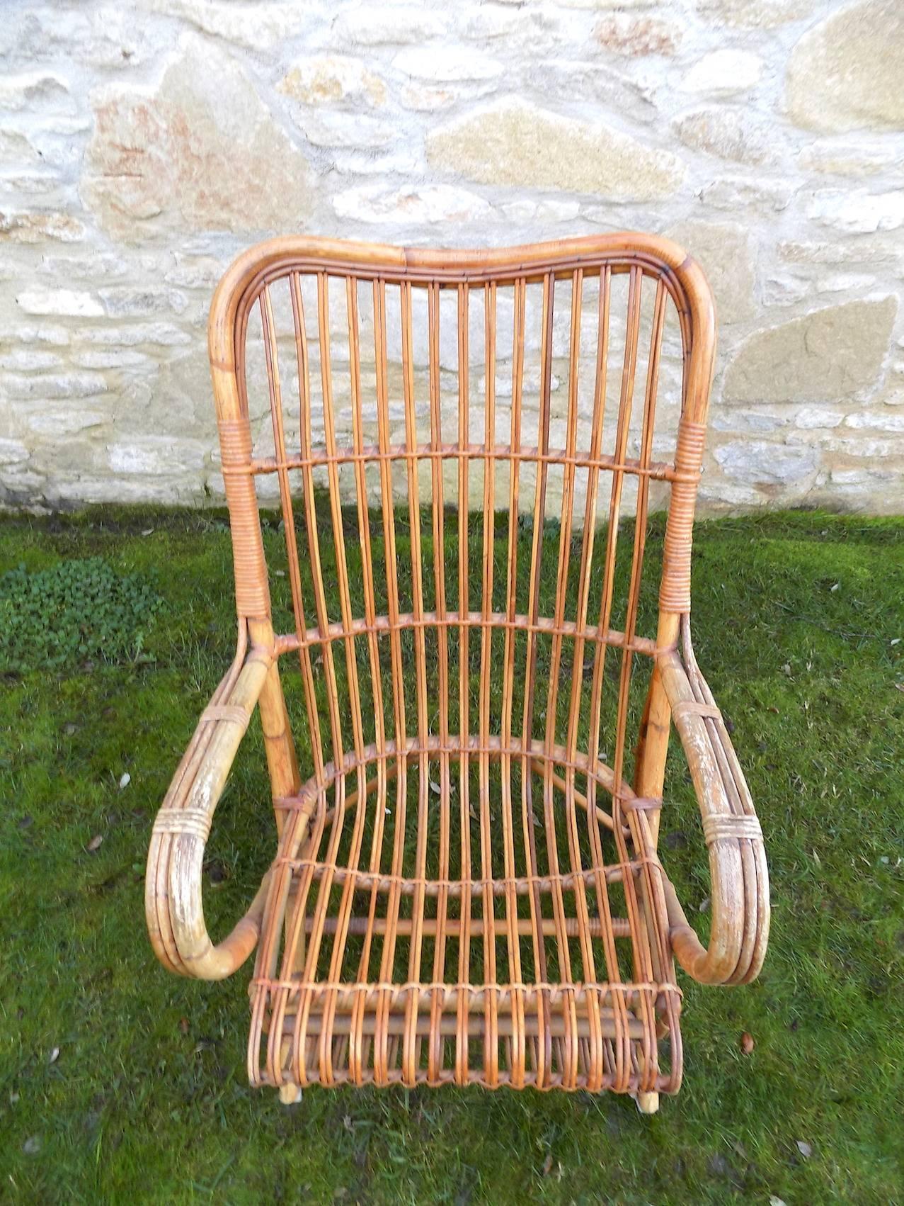 Beautiful Wicker Armchair by Audoux Minet, circa 1960 In Excellent Condition For Sale In Megeve, FR