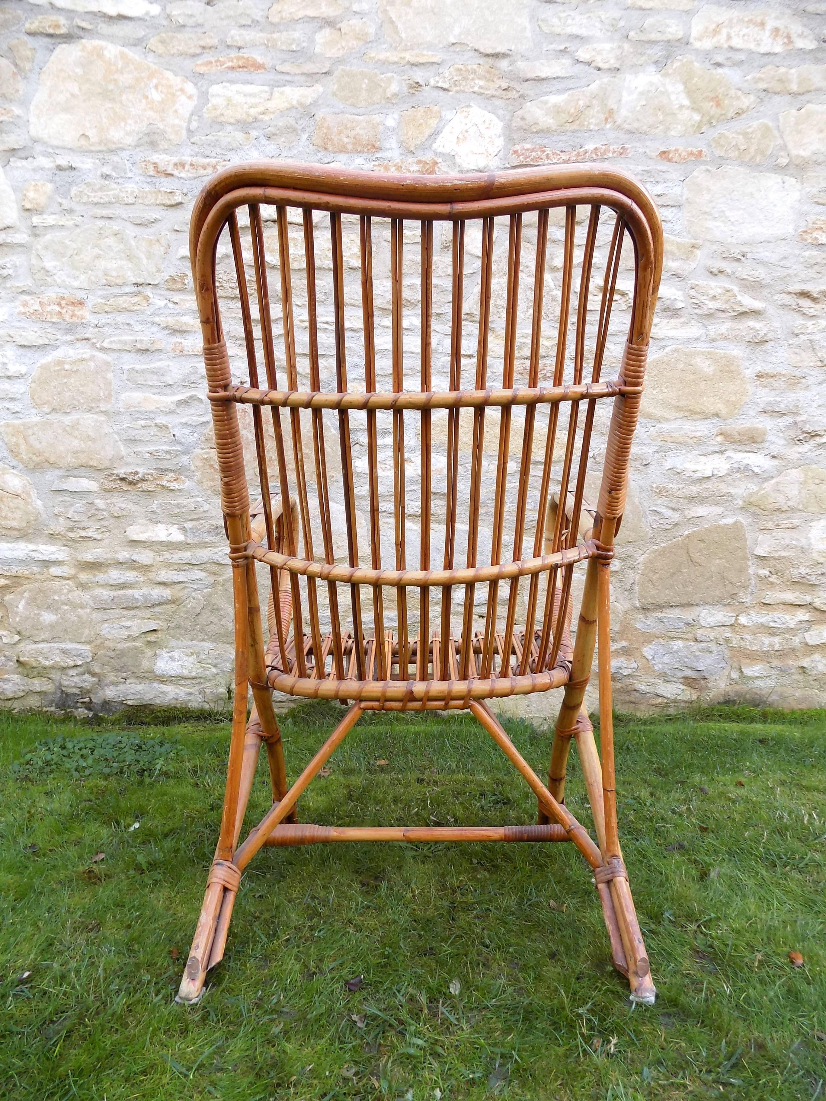 Mid-20th Century Beautiful Wicker Armchair by Audoux Minet, circa 1960 For Sale