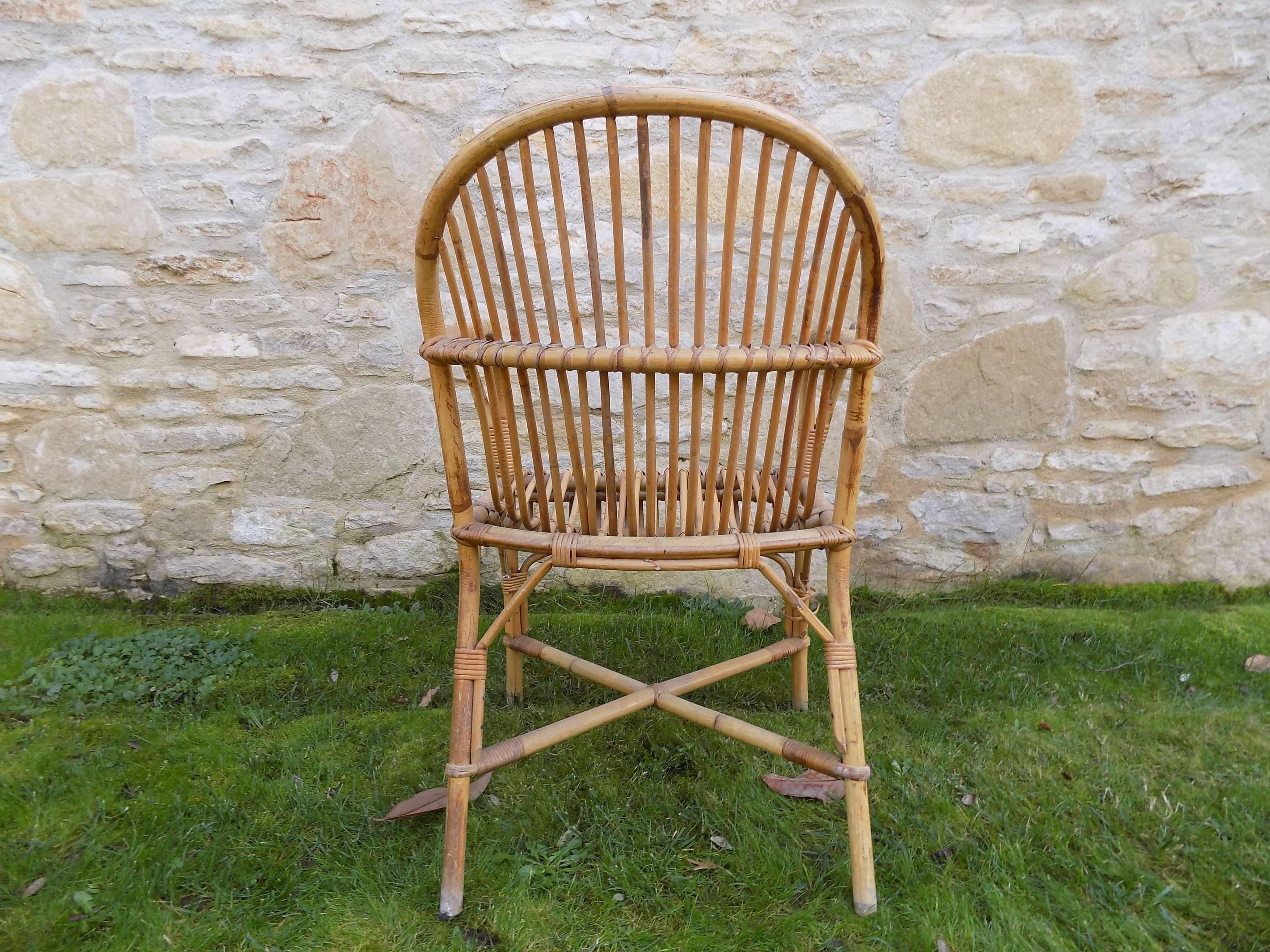 Beautiful Pair of Wicker Armchair by Audoux Minet, circa 1960 In Excellent Condition In Megeve, FR