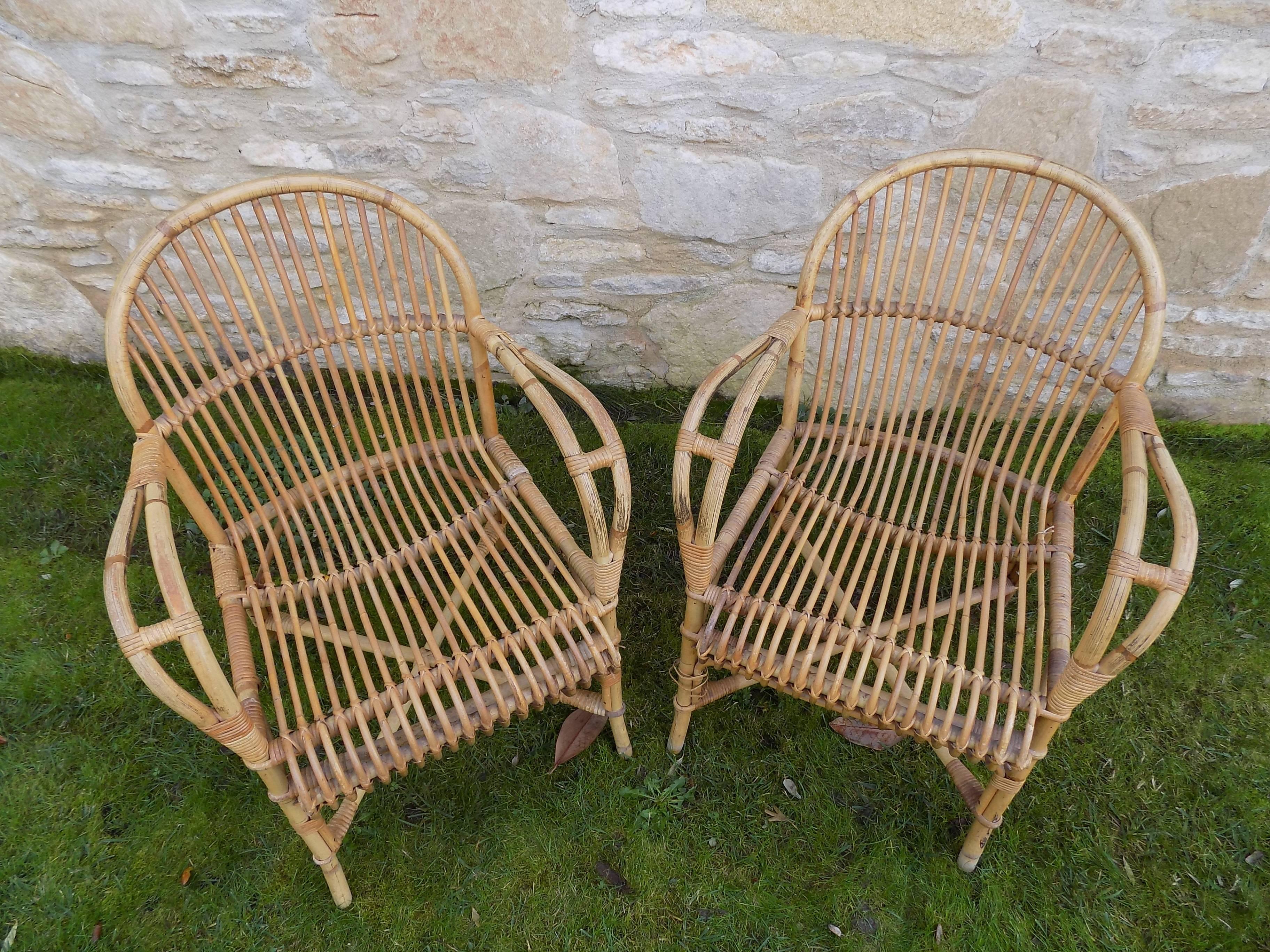 Mid-20th Century Beautiful Pair of Wicker Armchair by Audoux Minet, circa 1960