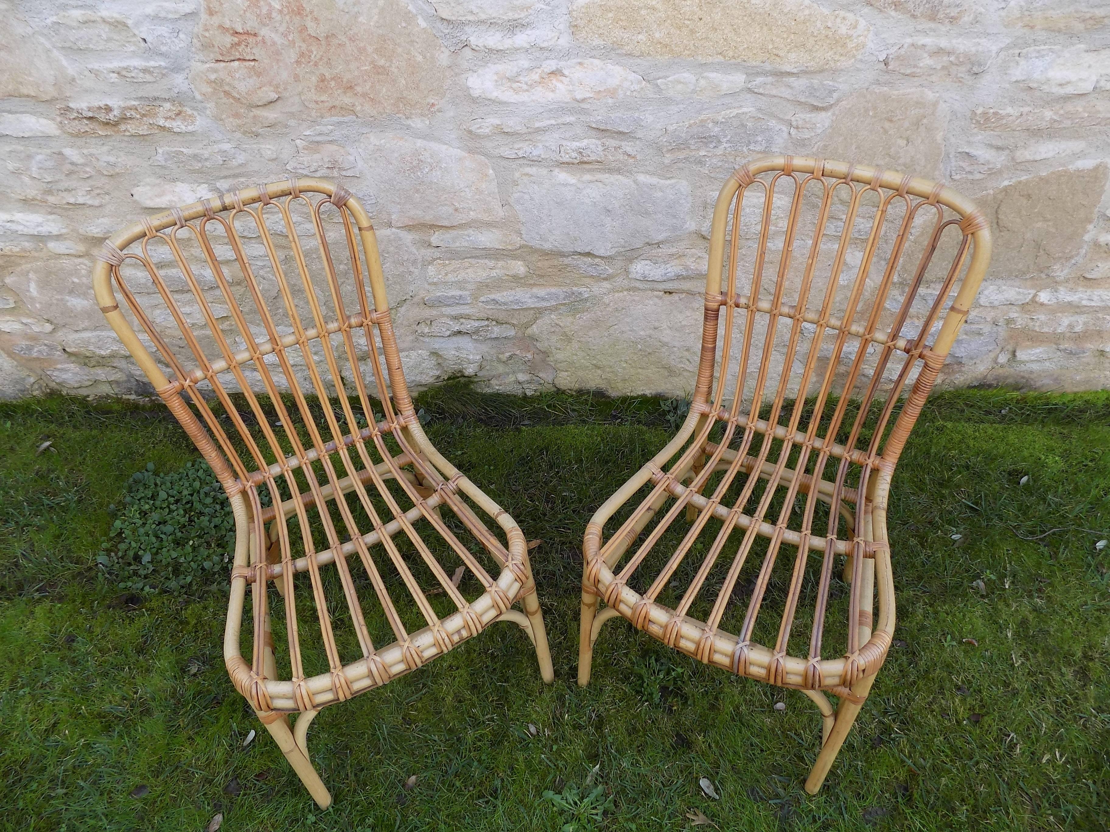 Mid-20th Century Beautiful Pair of Wicker Chair by Audoux Minet, circa 1960 For Sale