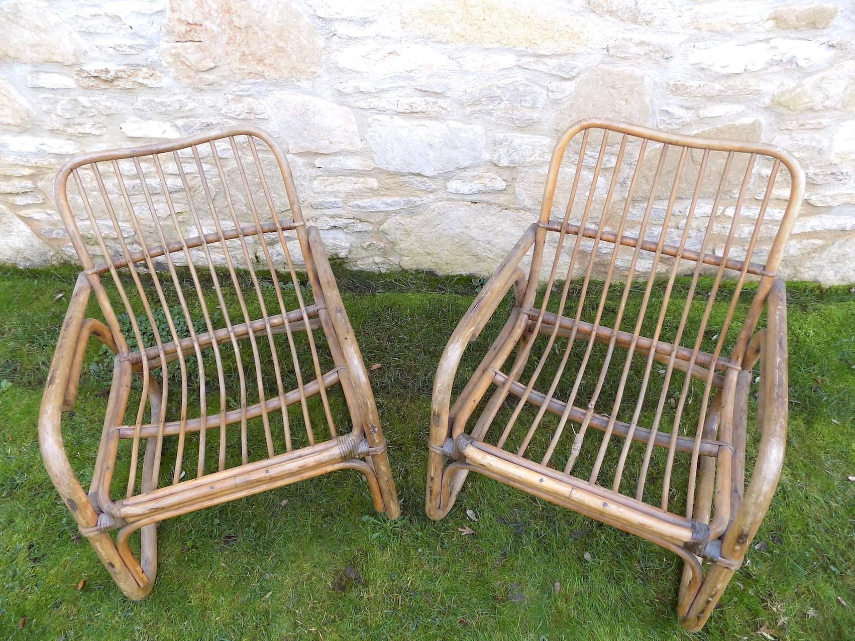 Beautiful Pair of Wicker Armchair by Audoux Minet, circa 1960 In Excellent Condition For Sale In Megeve, FR