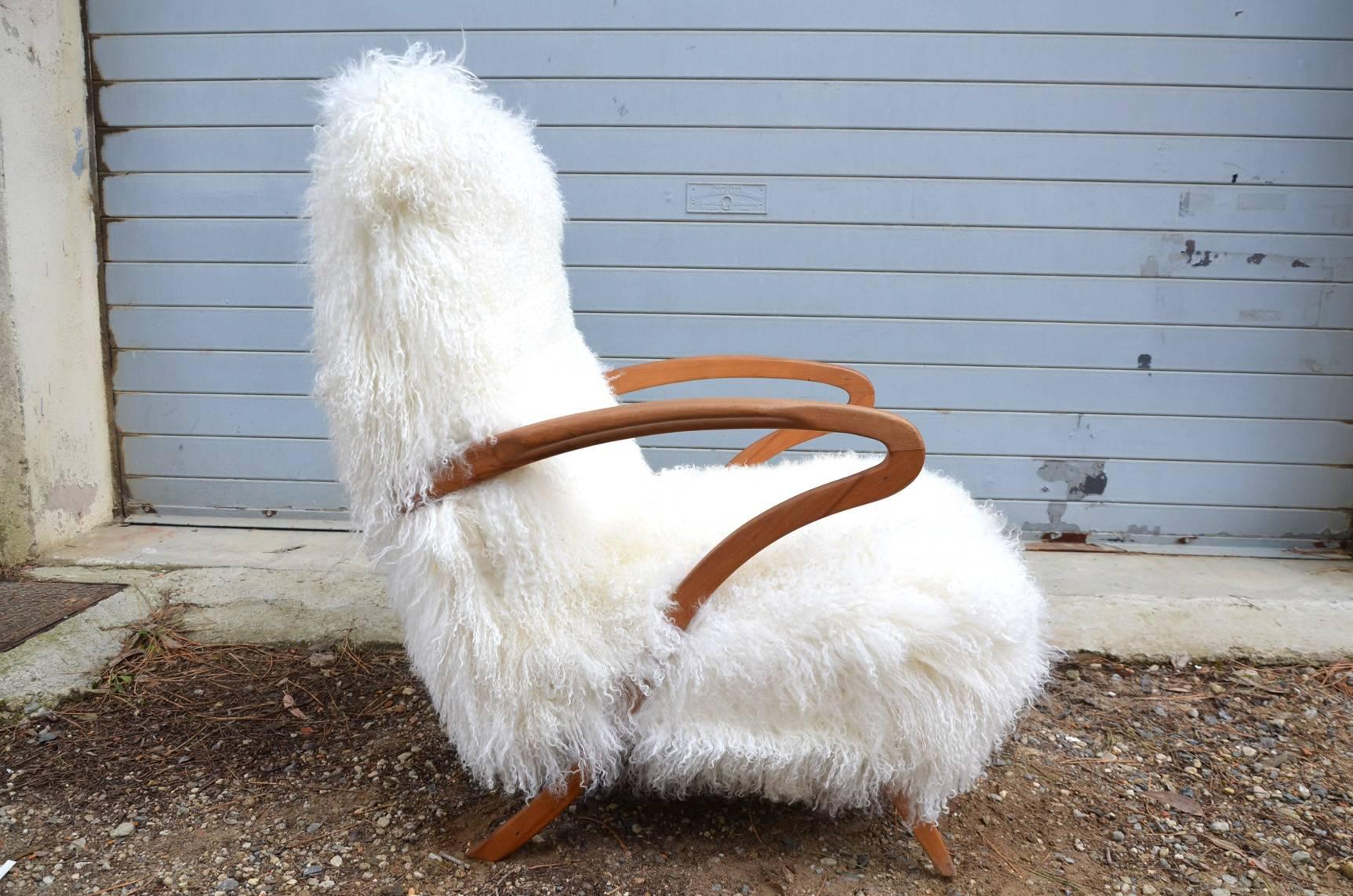 Mid-Century Modern Beautiful Italian Armchair Reupholstered Tibet Lamb Fur, circa 1960 For Sale