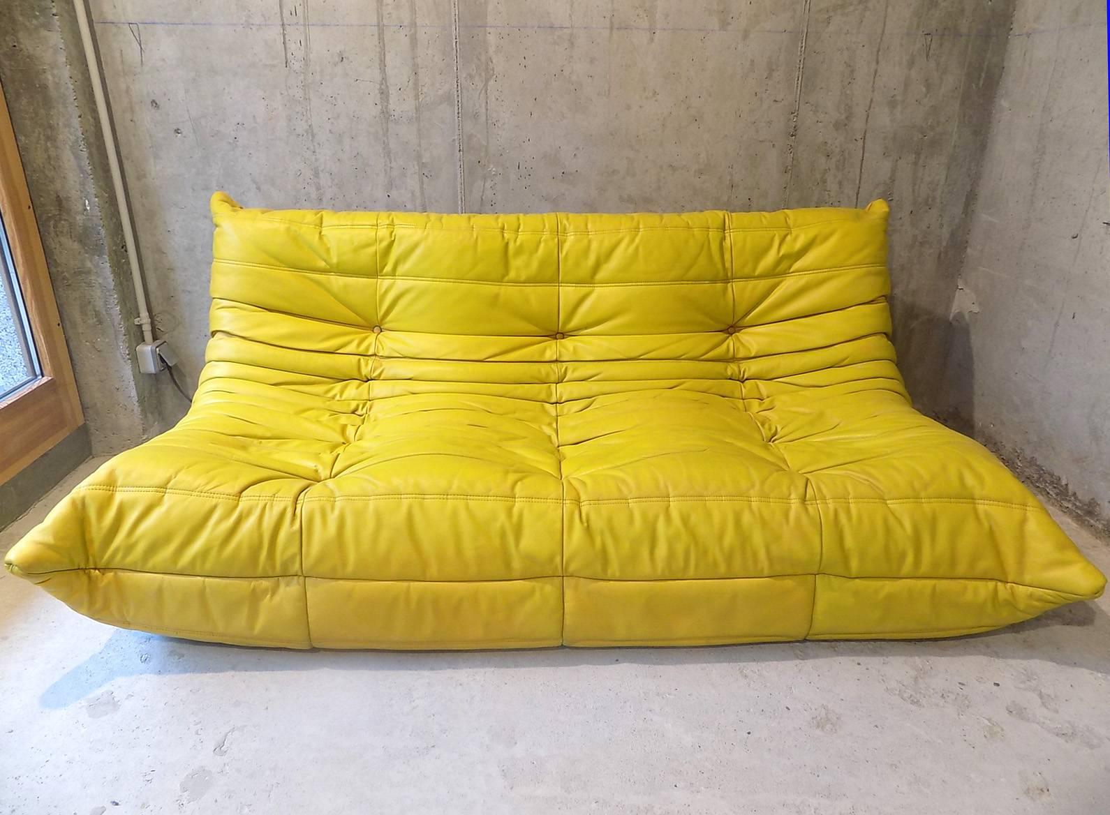 Michel Ducaroy Togo sofa Ligne Roset edition leather Saffran color. In Very good condition.