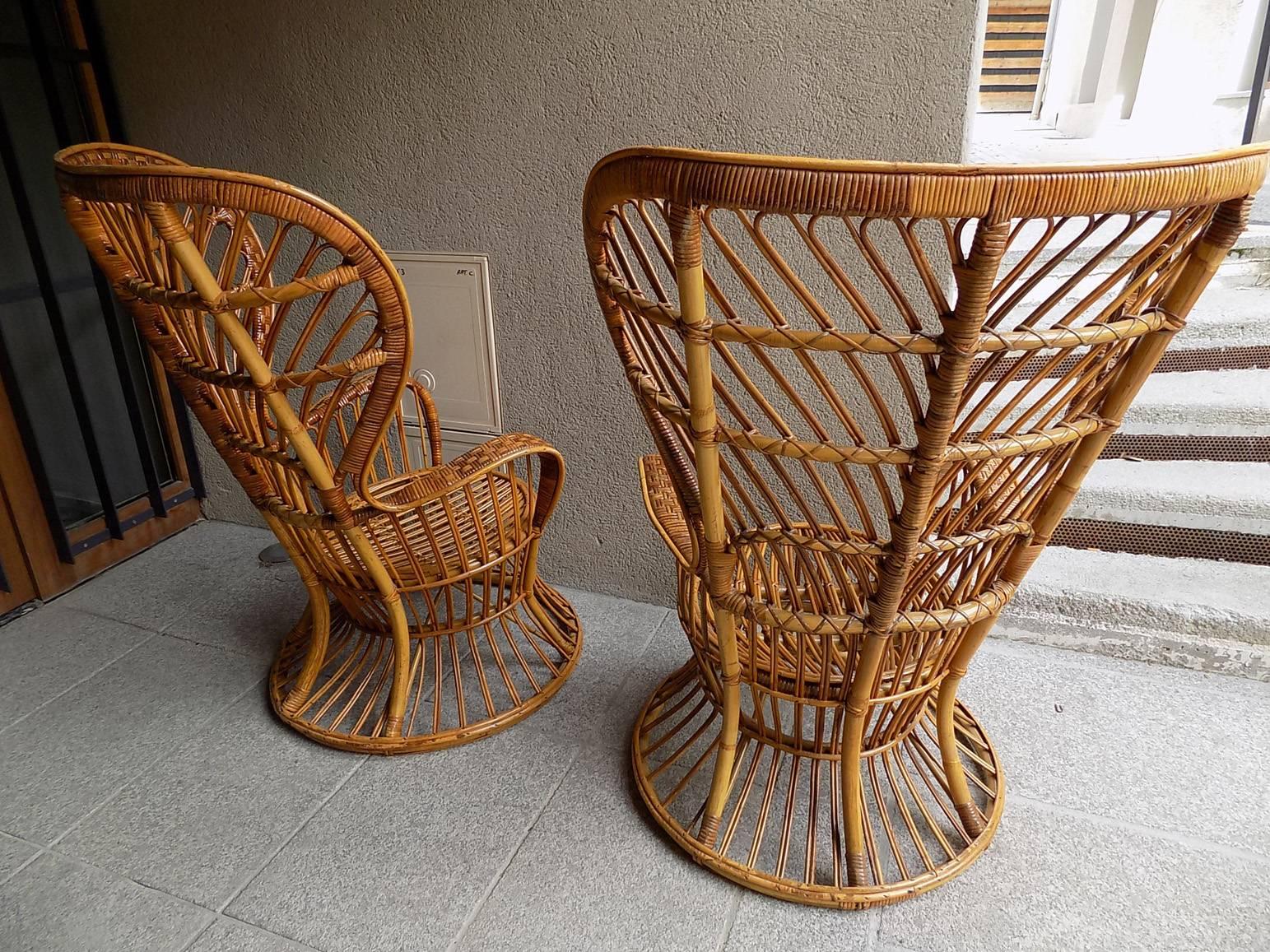 Italian Fantastic Pair of Lio Carminati Wicker Armchairs, circa 1960