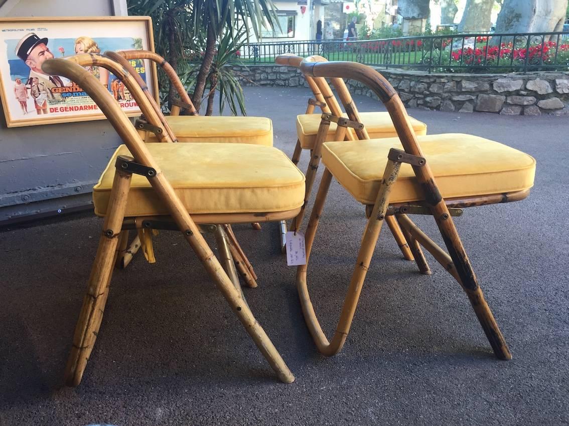 Beautiful Set of Four Wicker Chairs Attributed to Audoux Minet, circa 1960 In Good Condition For Sale In Megeve, FR