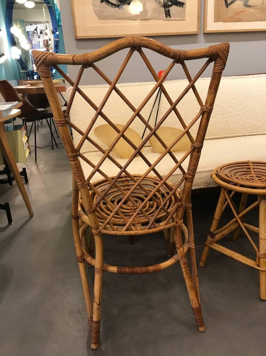 Fantastic Set of Six Audoux Minet Wicker Chairs, circa 1960 In Good Condition For Sale In Megeve, FR