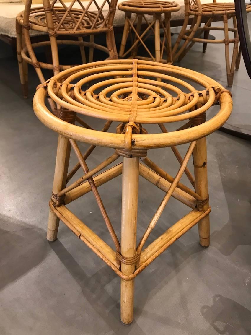 Set of two Audoux Minet wicker stools, circa 1960. In excellent condition.