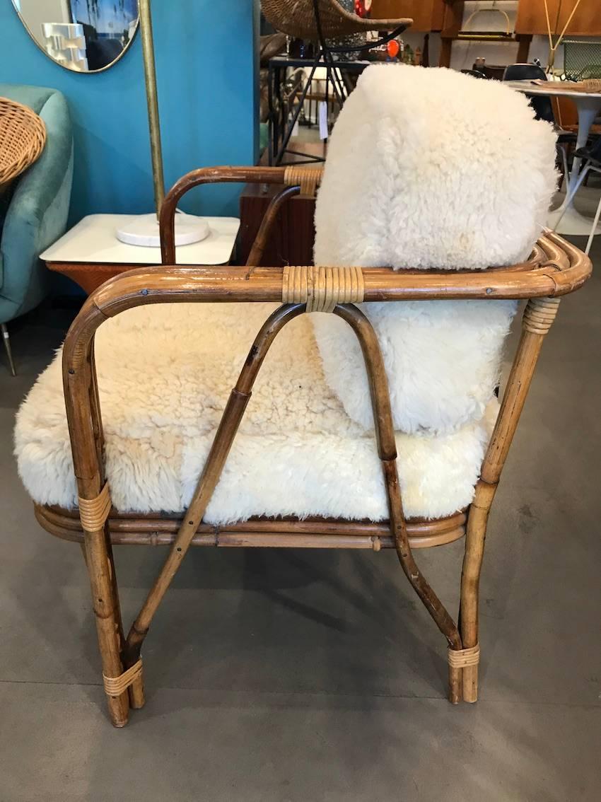 Beautiful Pair of Wicker Armchairs Attributed to Audoux Minet, circa 1960 In Good Condition For Sale In Megeve, FR