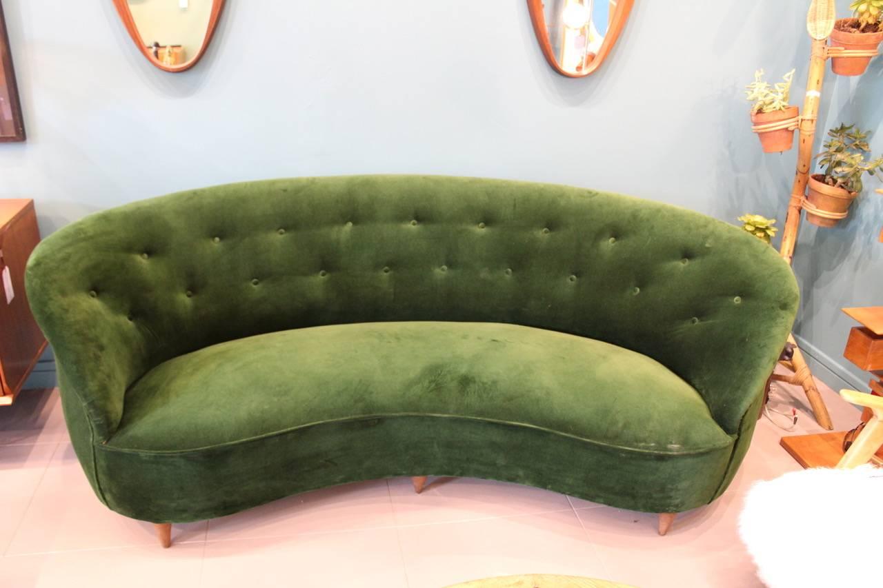 Mid-Century Modern Beautiful Reupholstered Curved Italian Sofa, circa 1960 For Sale