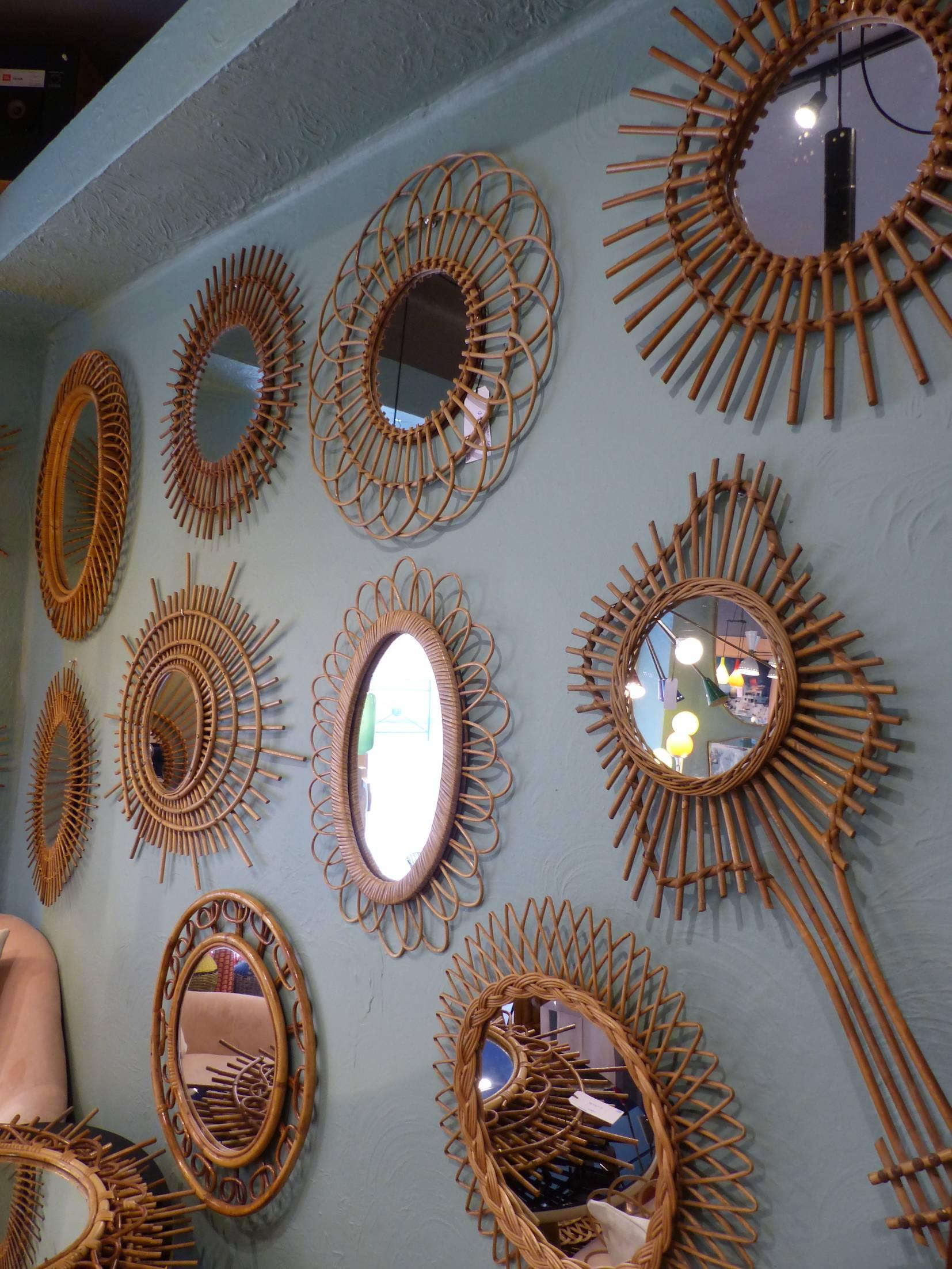 Huge set of ten Italian wicker mirror, circa 1960. In excellent condition for all of them.
