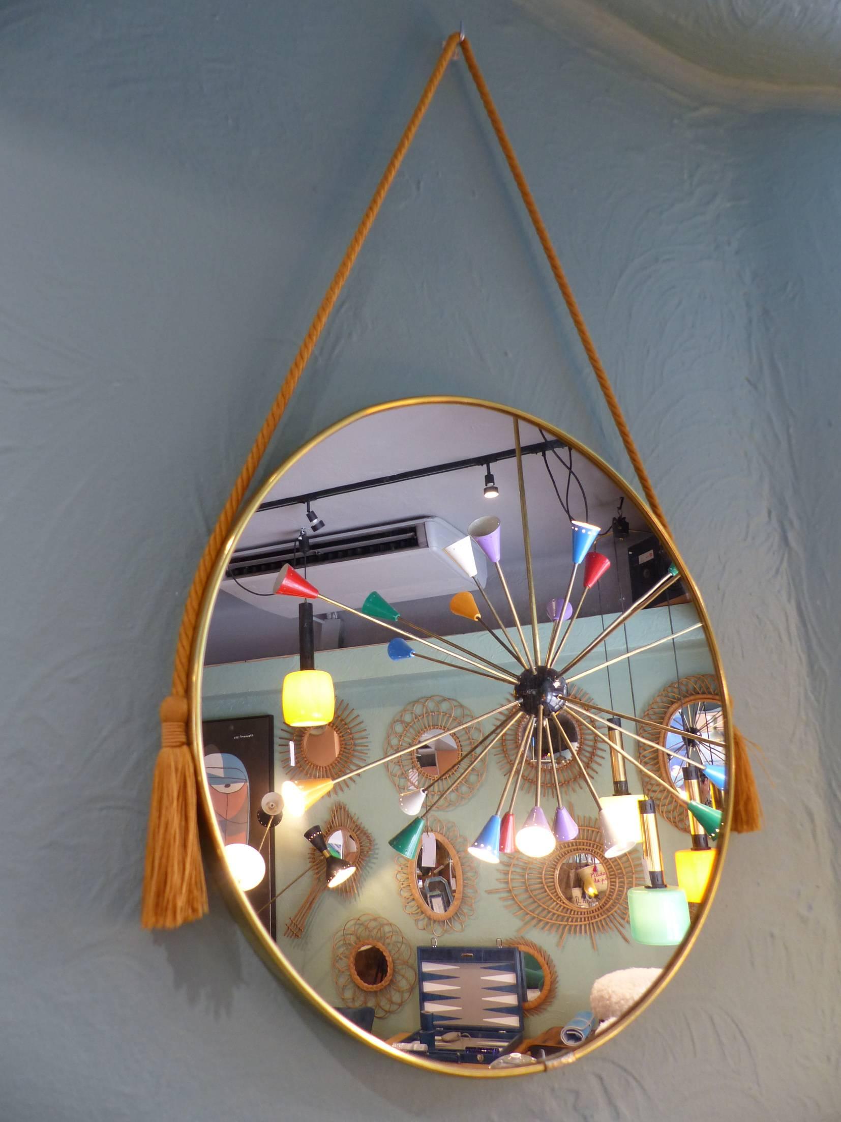 Mid-Century Modern Beautiful Italian Brass and Gold Rope Mirror, circa 1960 For Sale