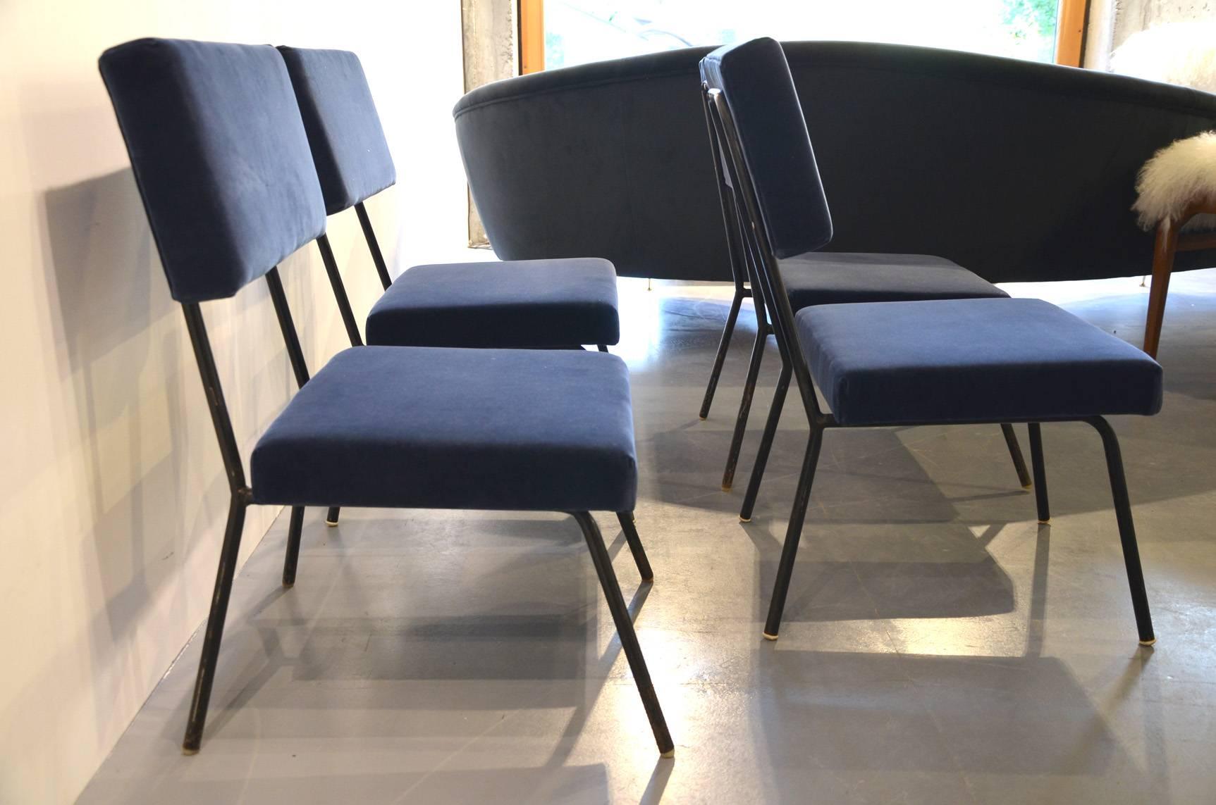 Mid-Century Modern Beautiful Set of Fours Reupholstered Chairs, France circa 1960 For Sale