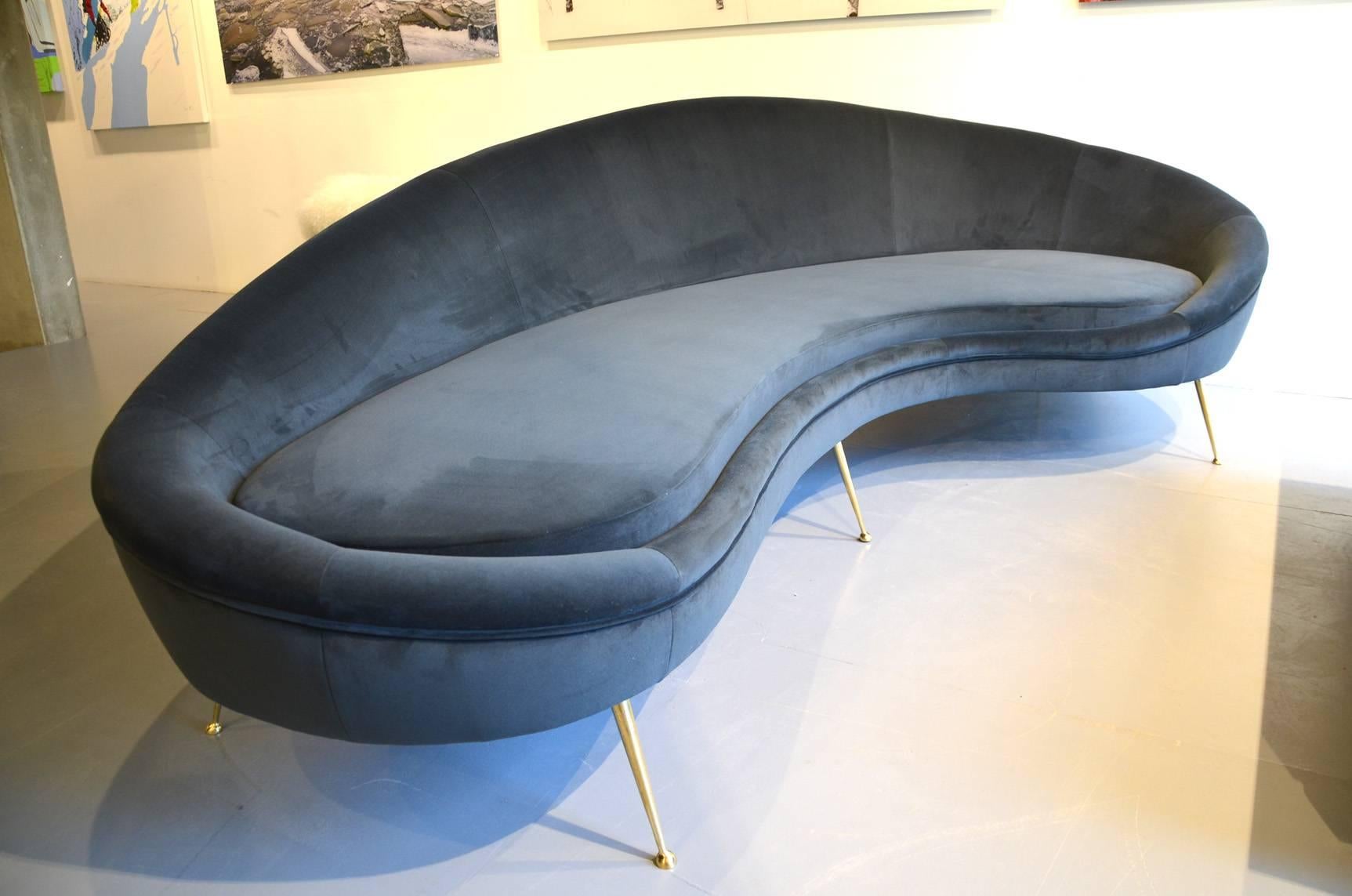 Mid-Century Modern Huge Italian Grey Velvet Sofa in the Style of Ico Parisi