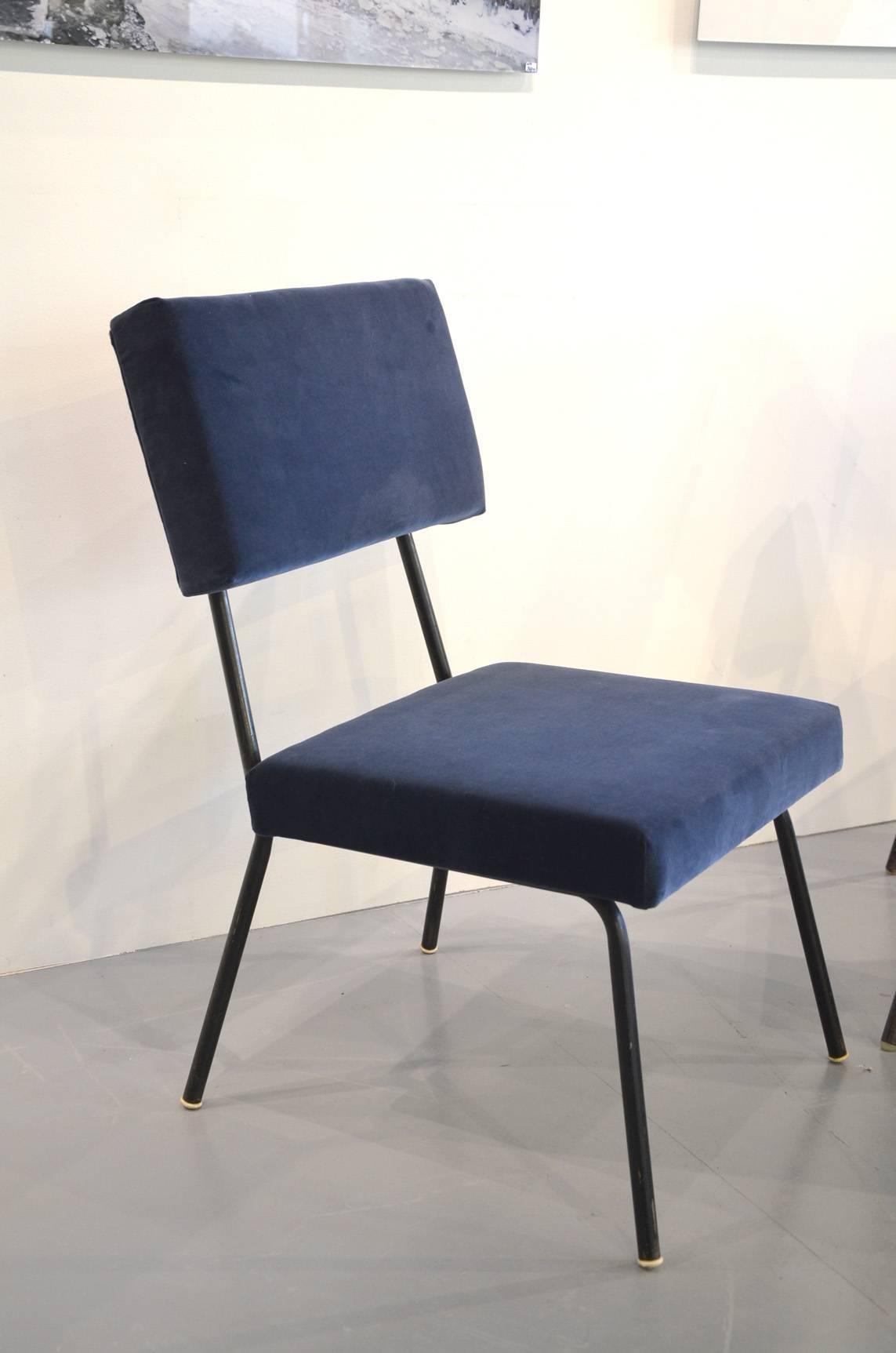 Beautiful Pair of Reupholstered low chairs, France circa 1960. Reupholsterd with a beautiful mat velvet fabric.
