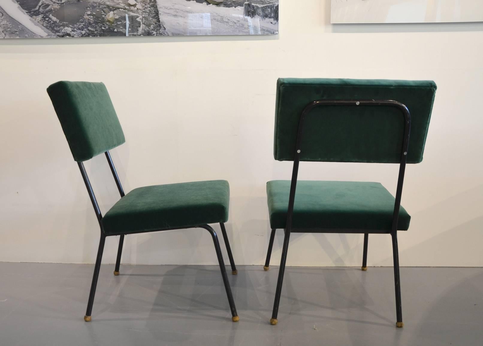 Set of Two Reupholstered Low Chairs, circa 1960. Green velvet