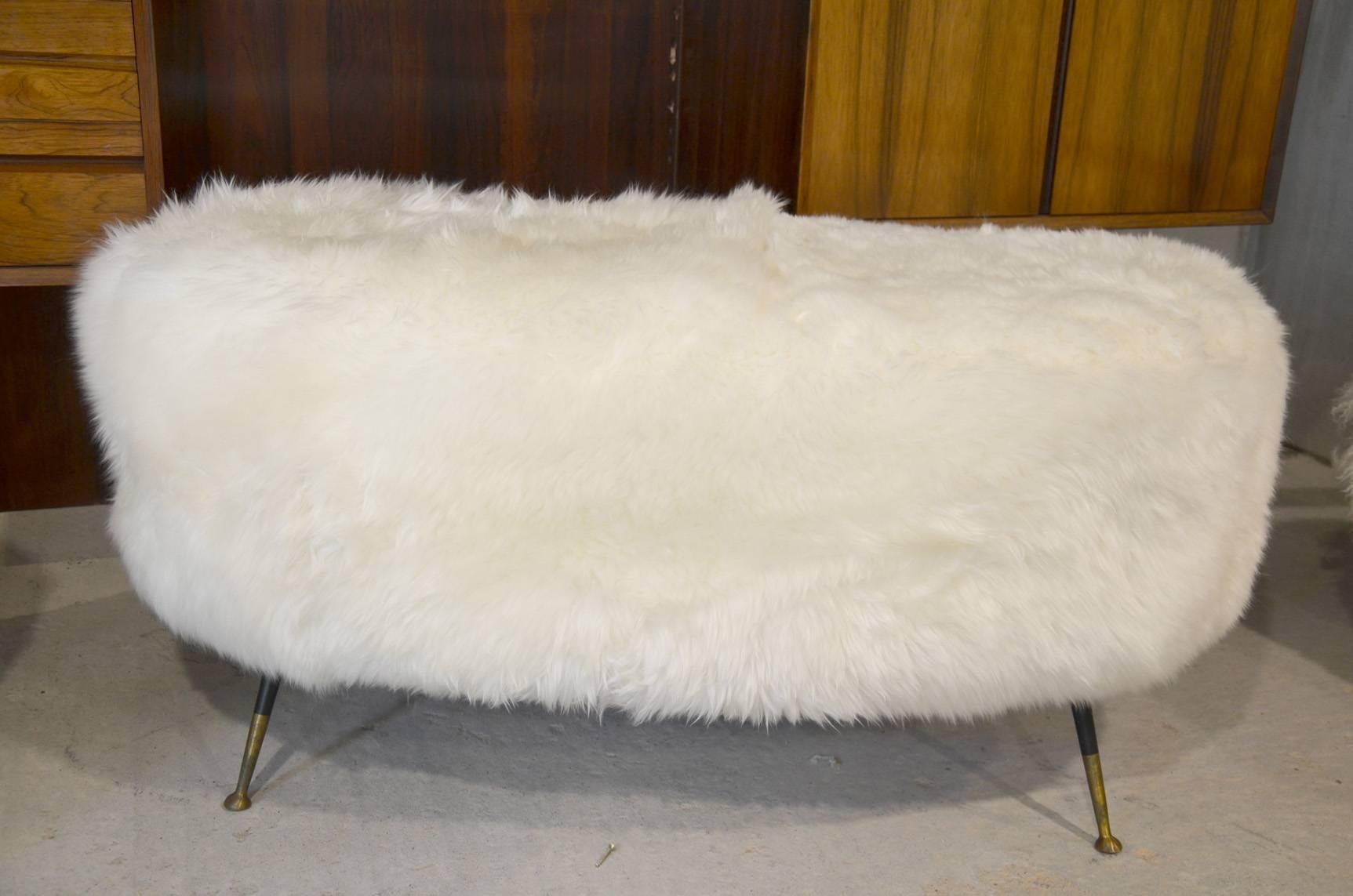 Fantastic Pair of Benches, white fur and brass feet. Contemporary edition made in Italy and designed by L'Atelier 55