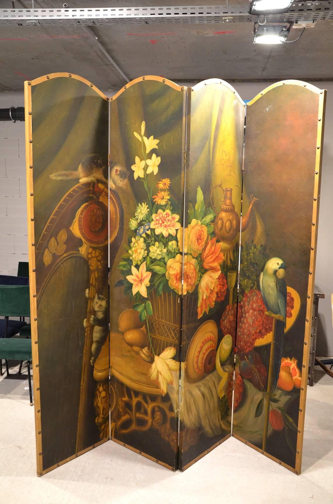 Mid-Century Modern Fantastic Wood Painted Screen Early 20th Century For Sale