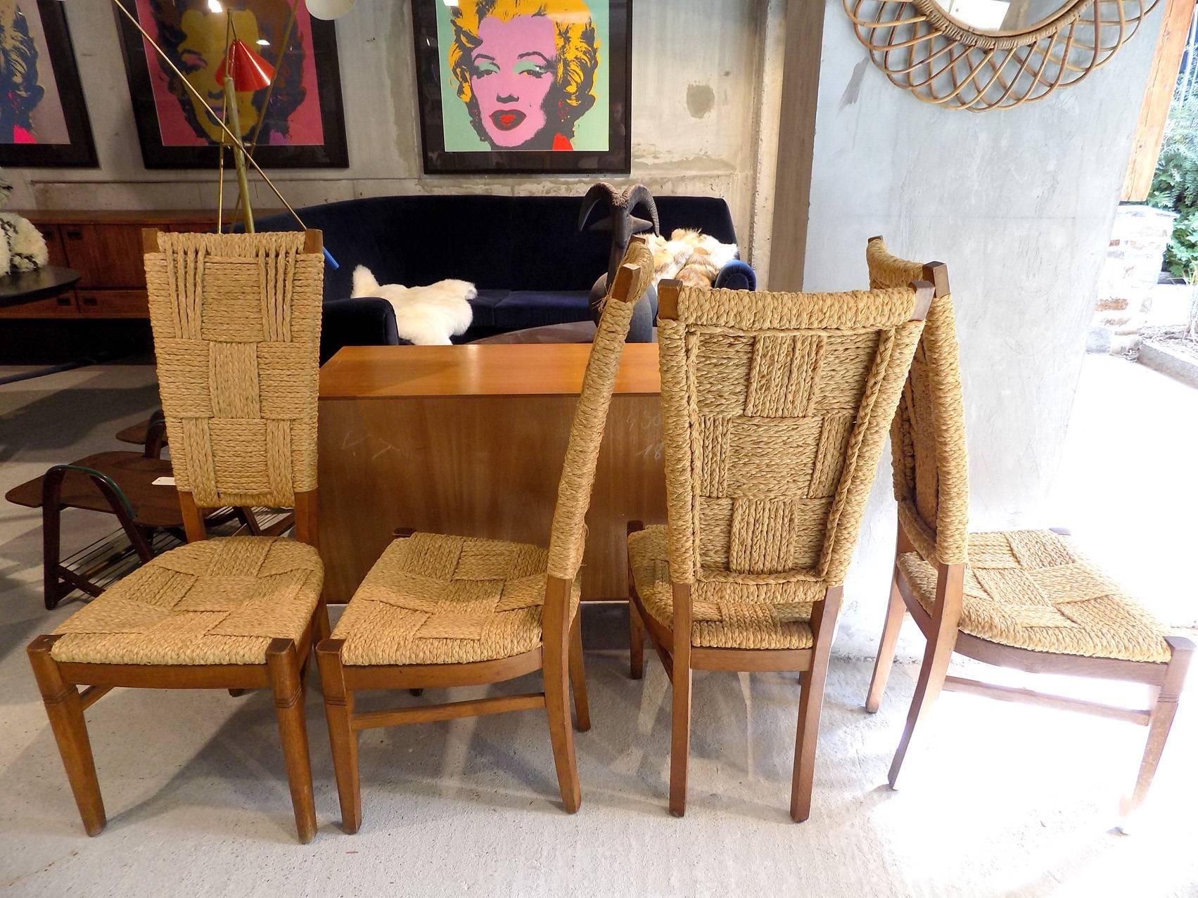 Beautiful Set of Audoux Minet Four French Rope and Wood Chairs, circa 1960 In Excellent Condition In Megeve, FR