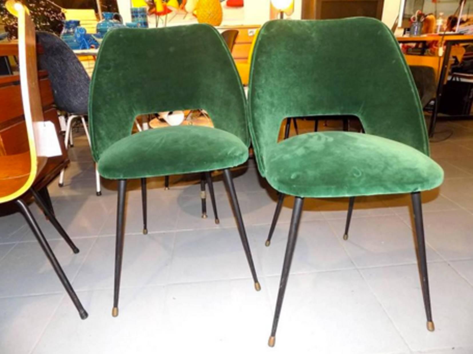 French Set of Four Reupholstered Chairs in a Green Velvet, France circa 1960 For Sale