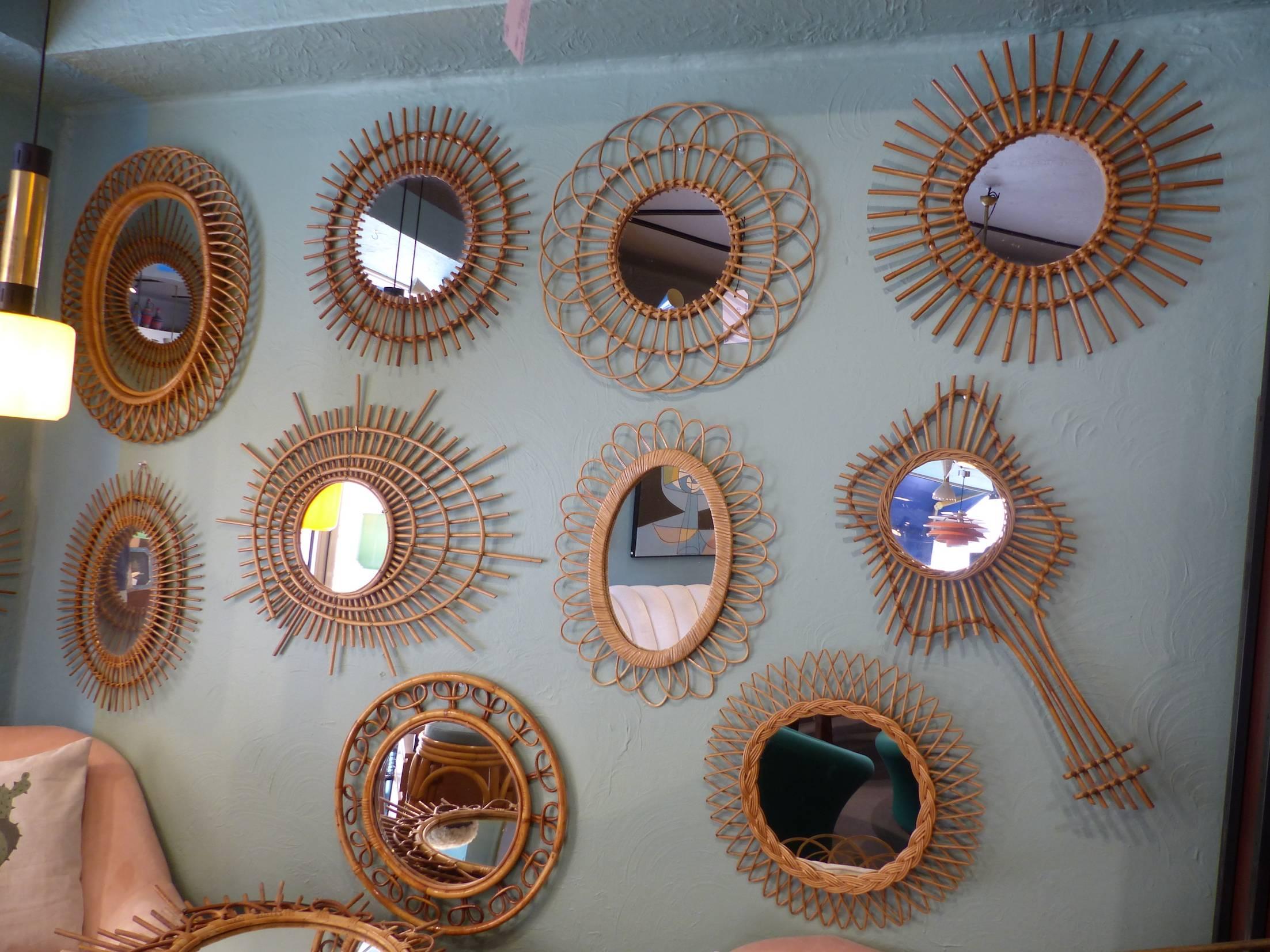 Mid-Century Modern Huge Set of Ten Italian Wicker Mirror, circa 1960