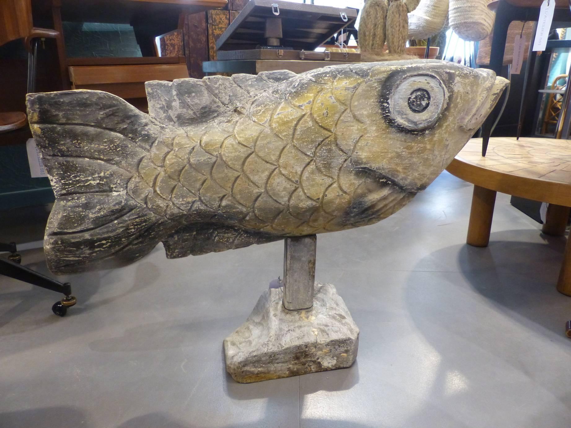 French Beautiful Painted Wood Fish Sculpture, circa 1960