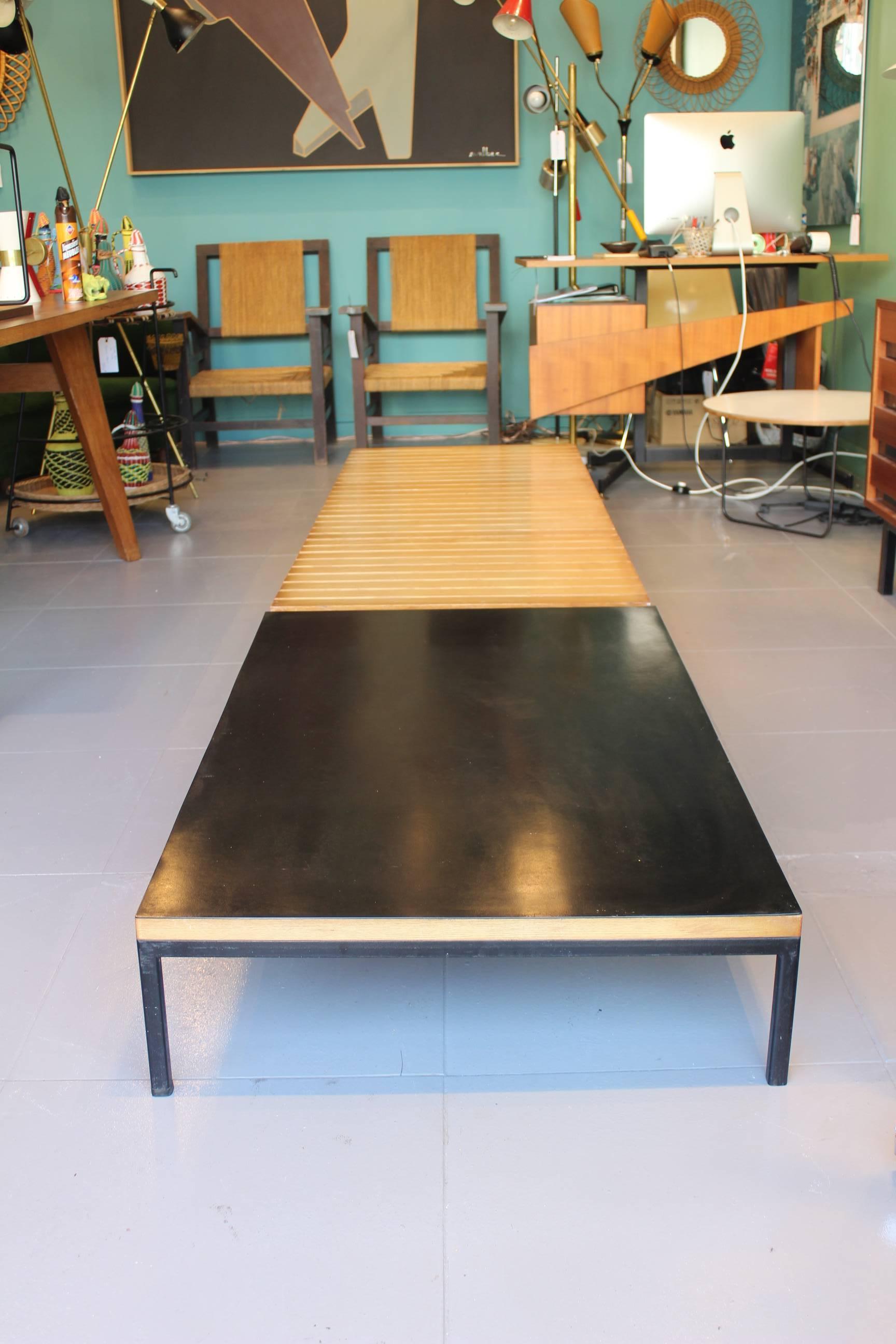 Claude Gaillard beautiful pair of low tables (one, table or bench), circa 1960, in excellent condition, the one with wooden bars can be used as bench.
Measures: 190 cm x 70 cm x H 23 cm
110 cm x 70 cm x H 23 cm (Black table).