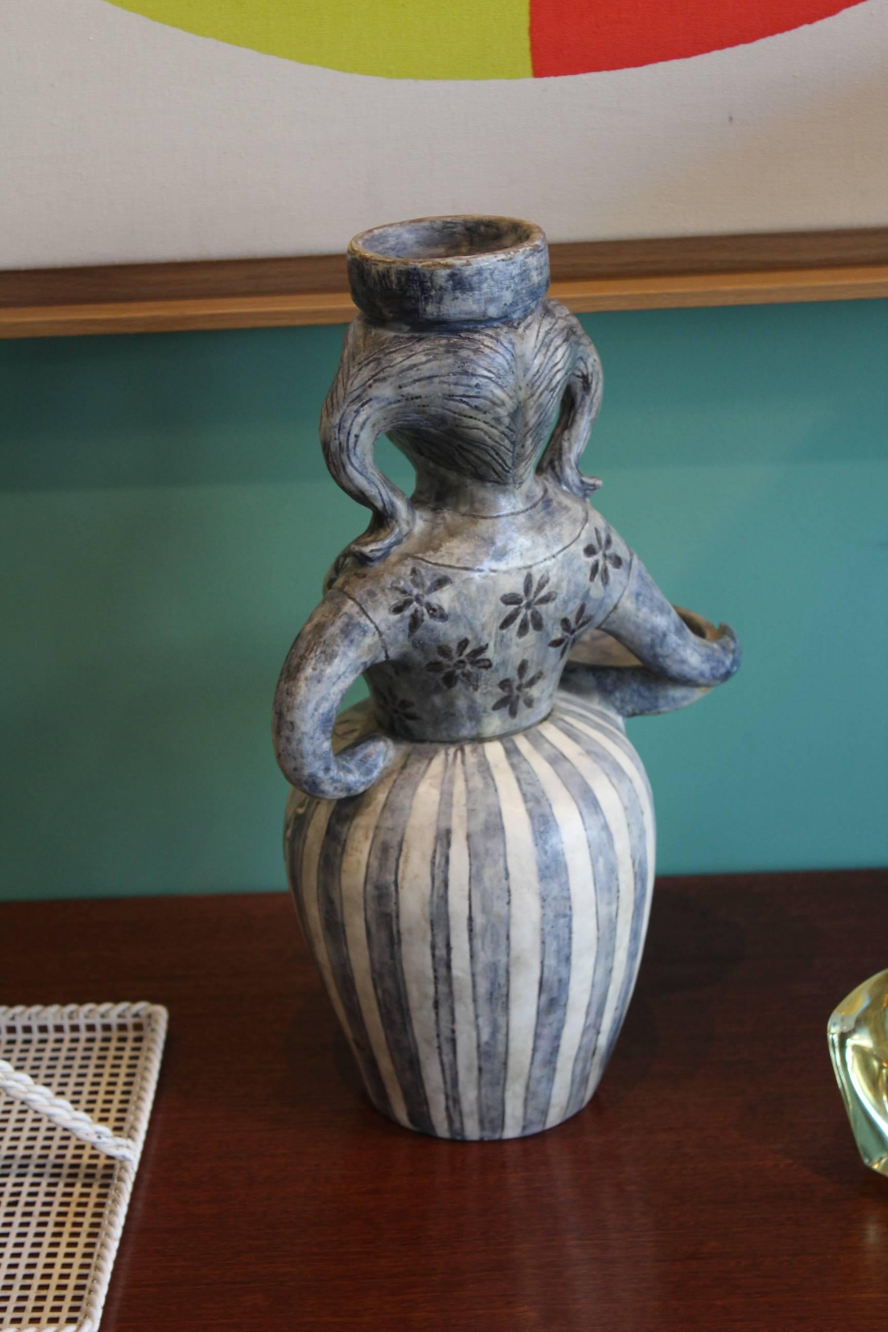 Beautiful figurative ceramic vase by Rhodi (Paris), signed, circa 1960, in excellent condition.