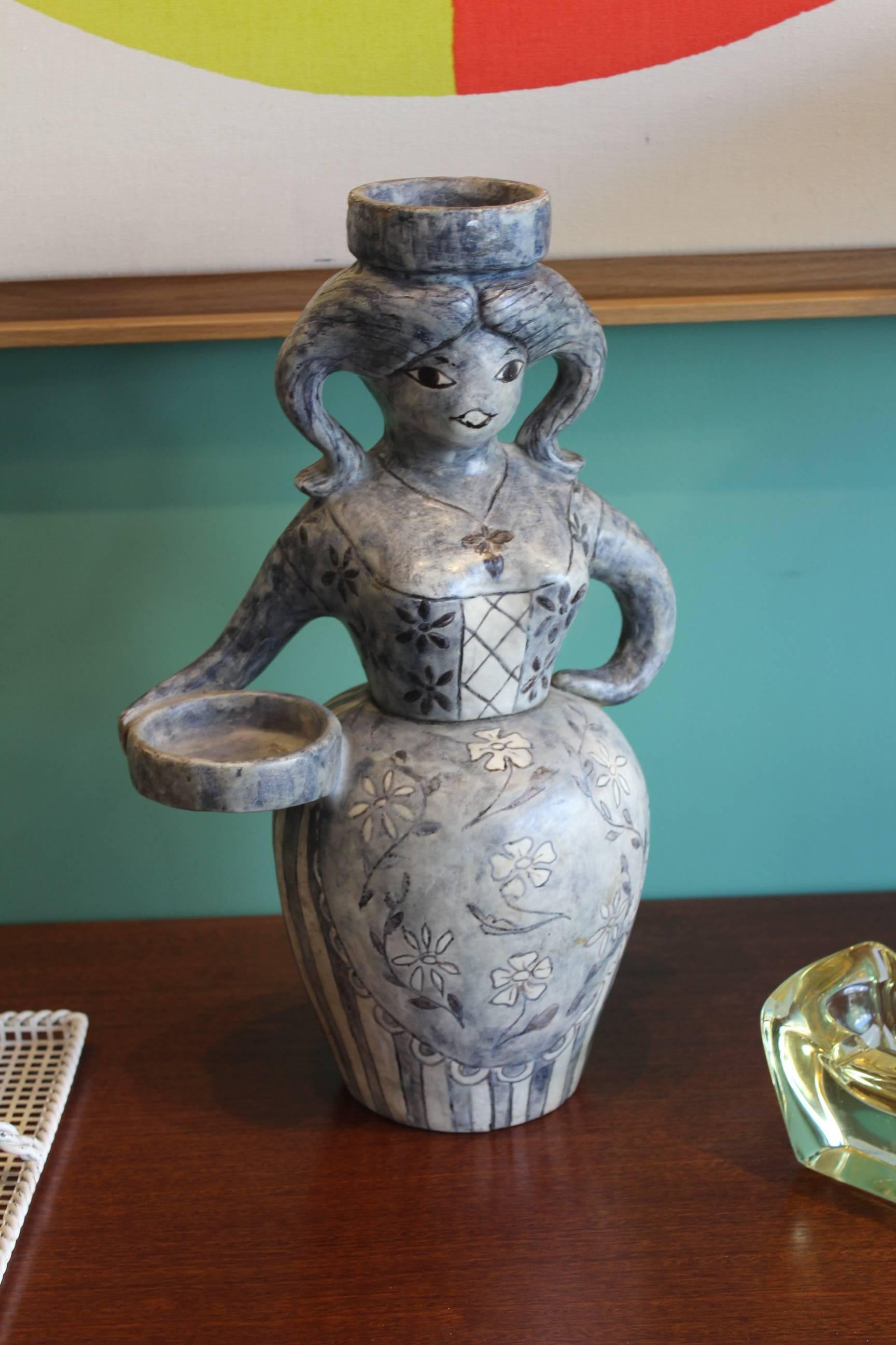 French Beautiful Figurative Ceramic Vase by Rhodi, circa 1960 For Sale