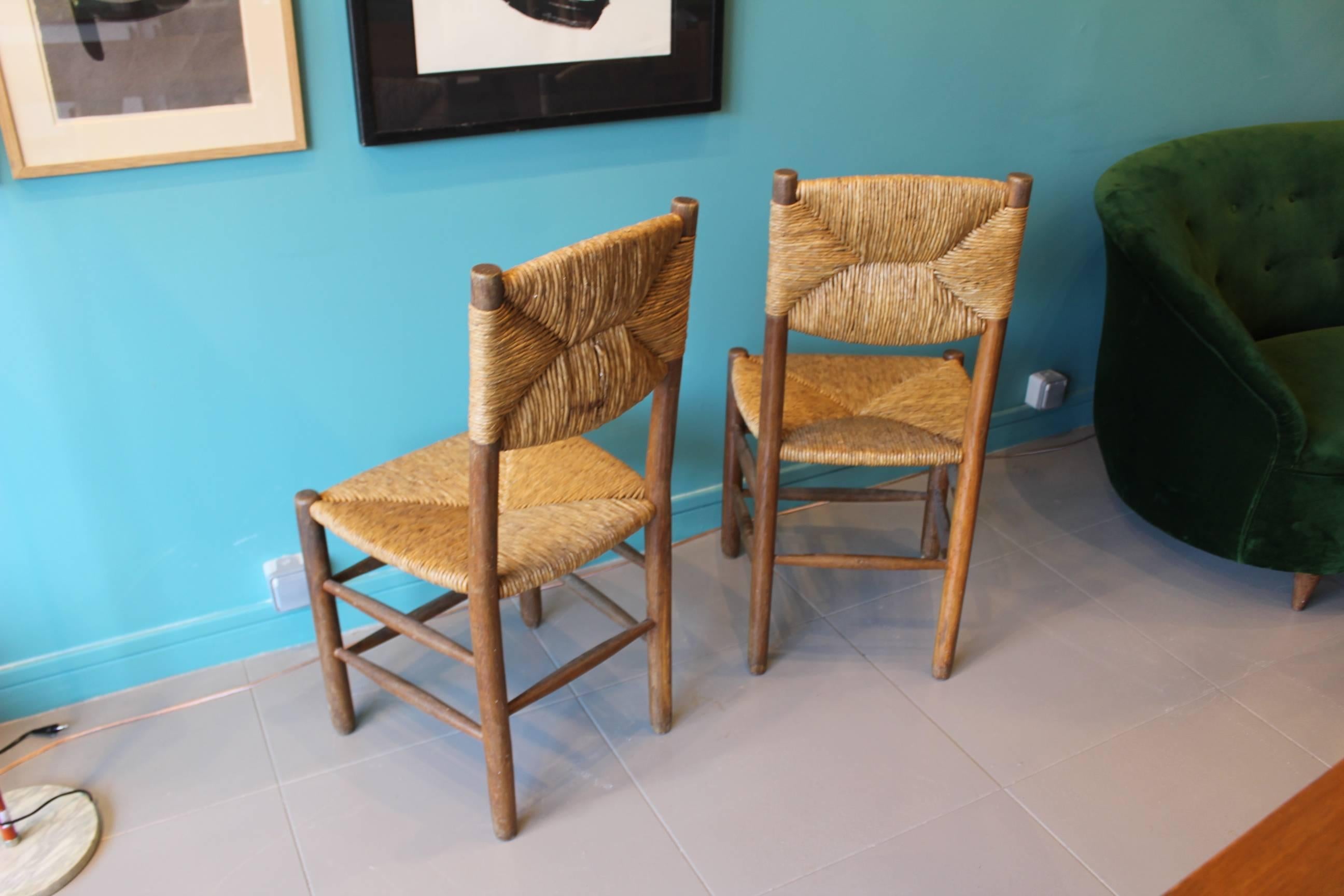 French Charlotte Perriand Beautiful Pair of Woven Straw Chairs, circa 1950 For Sale