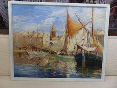 Beautiful Saint-Tropez's Port Painting, circa 1950