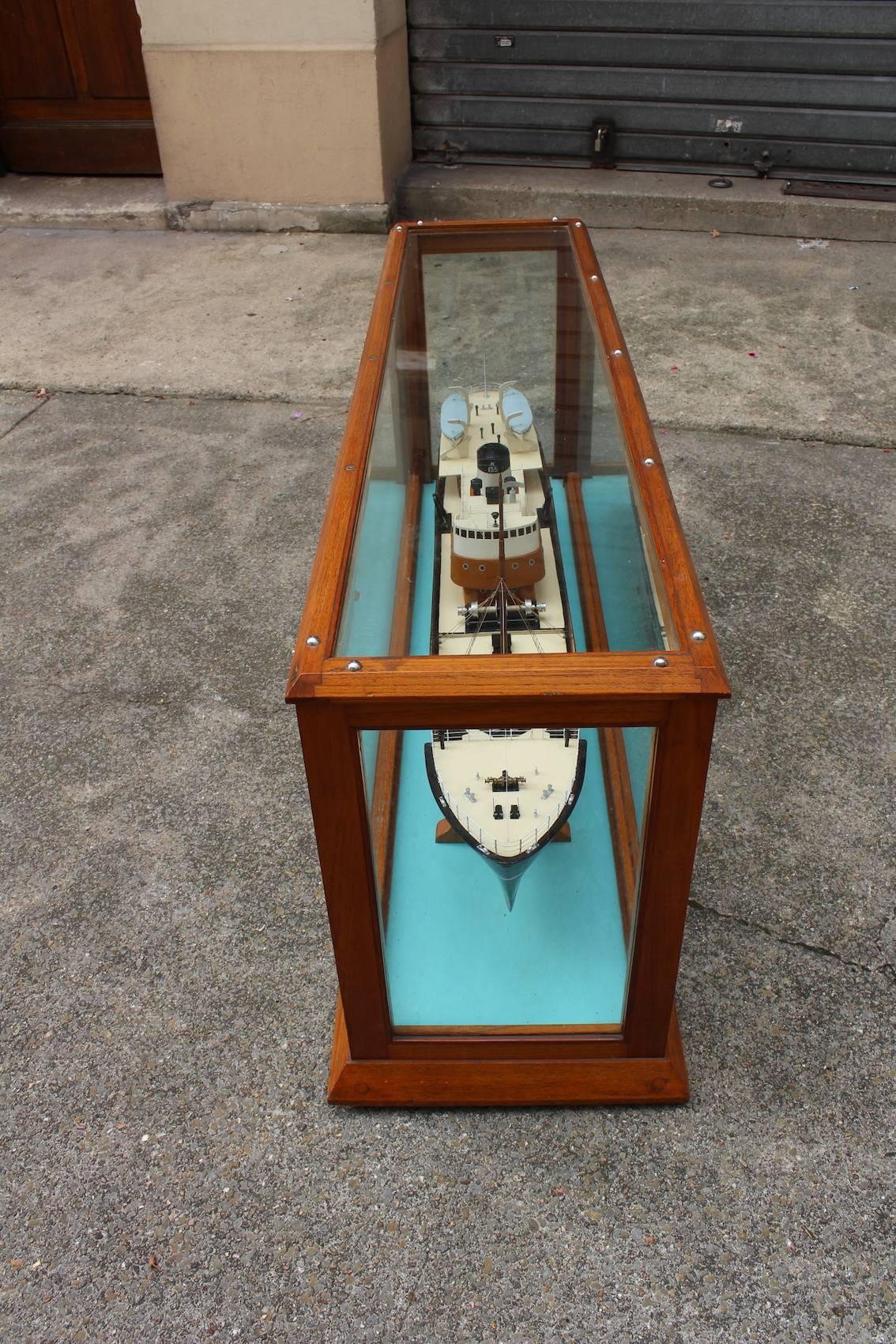 European Fantastic Model Ship in Wood and Glass Display 'Gourock', circa 1960 For Sale