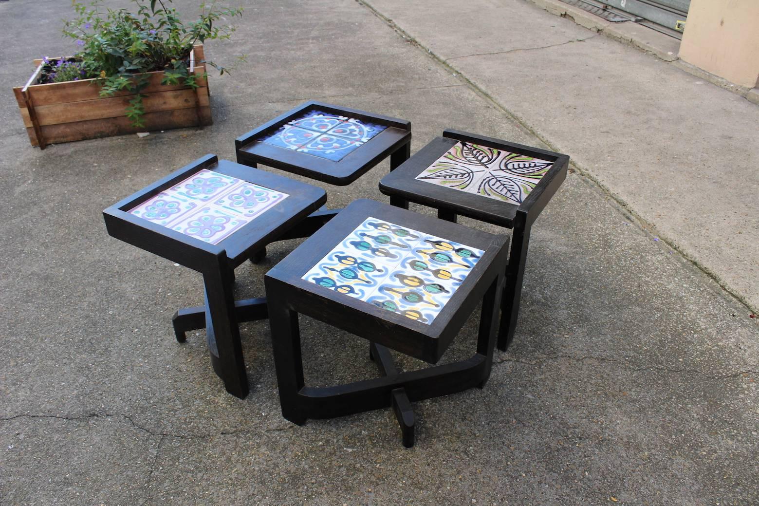 Beautiful set of four end tables by Robert Guillerme (1913-1990) and Jacques Chambron (1914-2001)
(can form a single cocktail table)
Ceramics by Boleslaw Danikowski (1928-1979)
In excellent condition
Total dimension: 80 x 80cm.