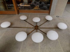 Italian Eight Arms Brass And Opaline Ceiling Light