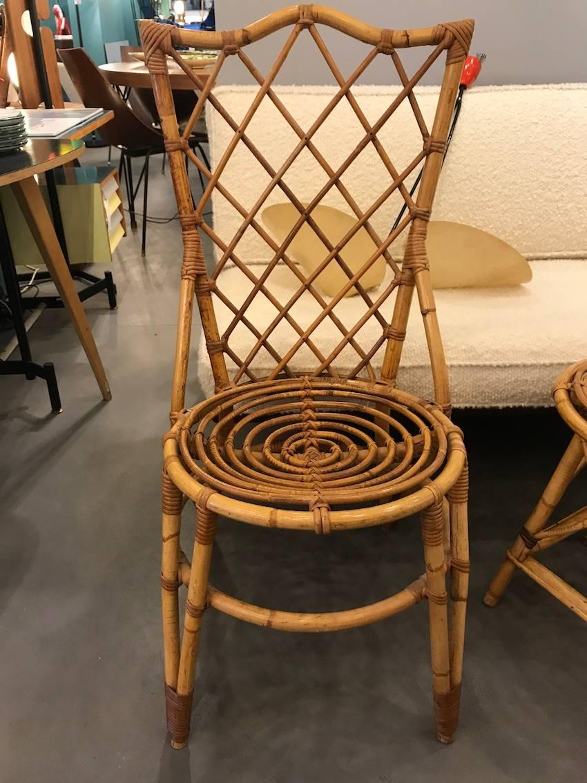 French Fantastic Set of Six Audoux Minet Wicker Chairs, circa 1960 For Sale