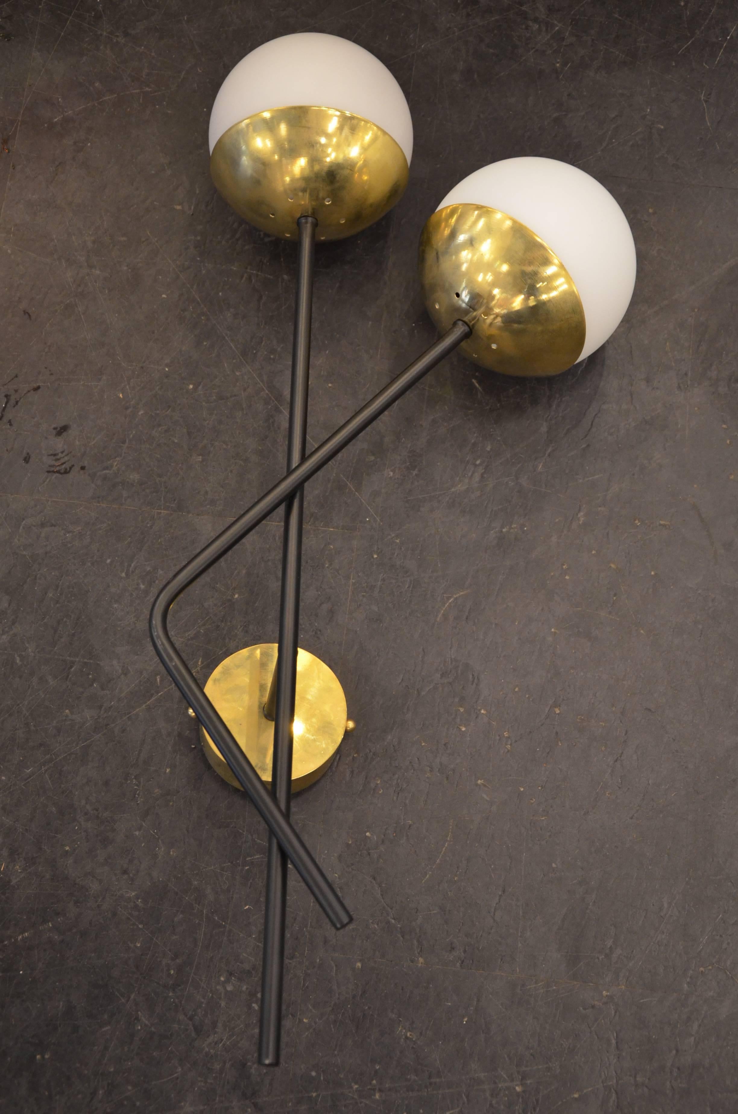 Mid-Century Modern Pair of Italian Metal, Brass And Opaline Sconces