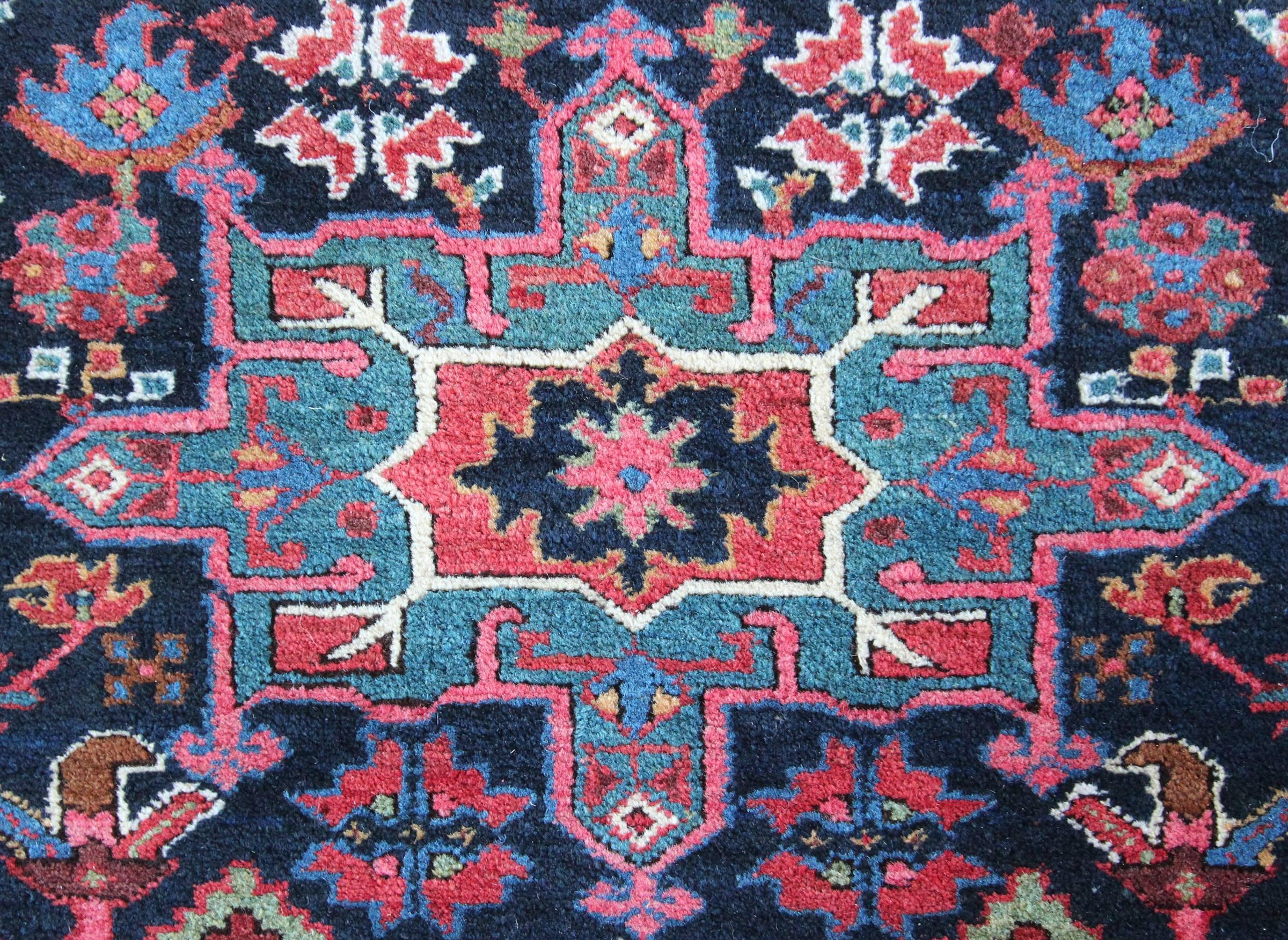 Stunning antique Hamadan rug, woven in north Persia around circa 1900-1910 in exceptional condition all-over and an unusual antique Karaja design. The variety and depth of color is fantastic! The subtle changes in the green eight-pointed star motifs