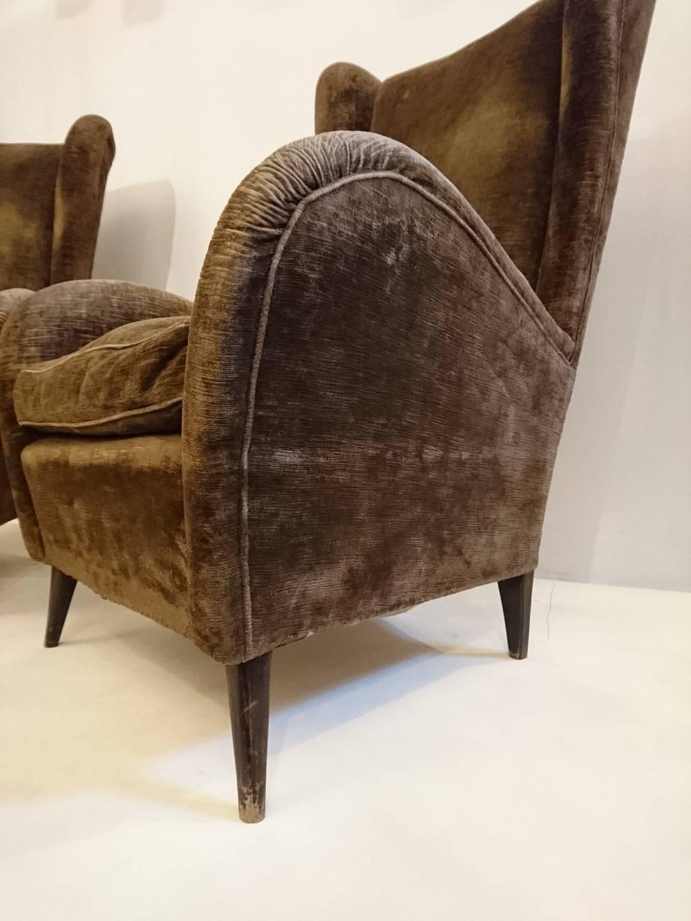 Velvet Mid-Century Italian Wingback Armchairs