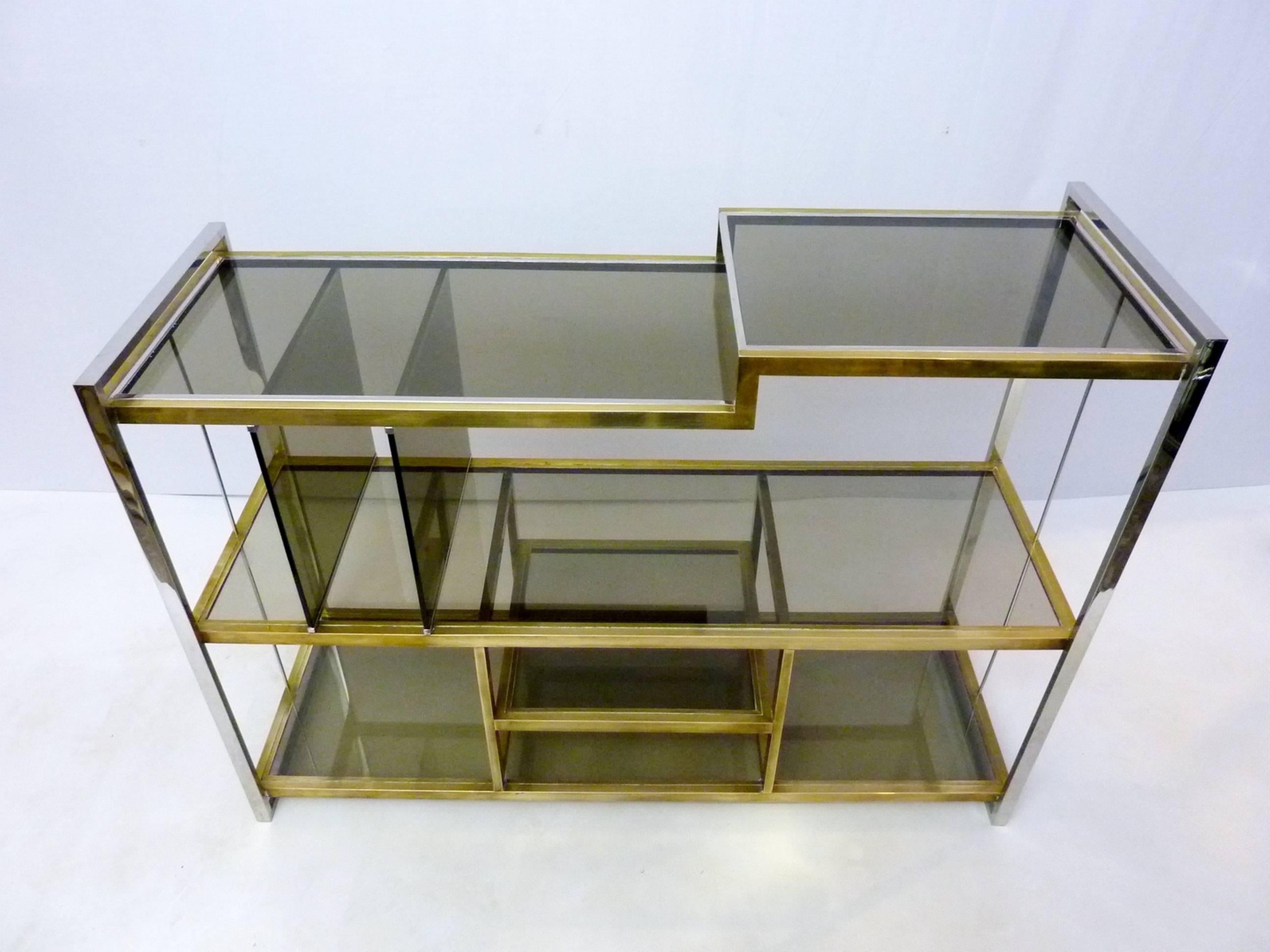Console in brass, chrome and smoke colored glass designed by Serantoni & Arcangeli, Italy for New Ideas Inox.