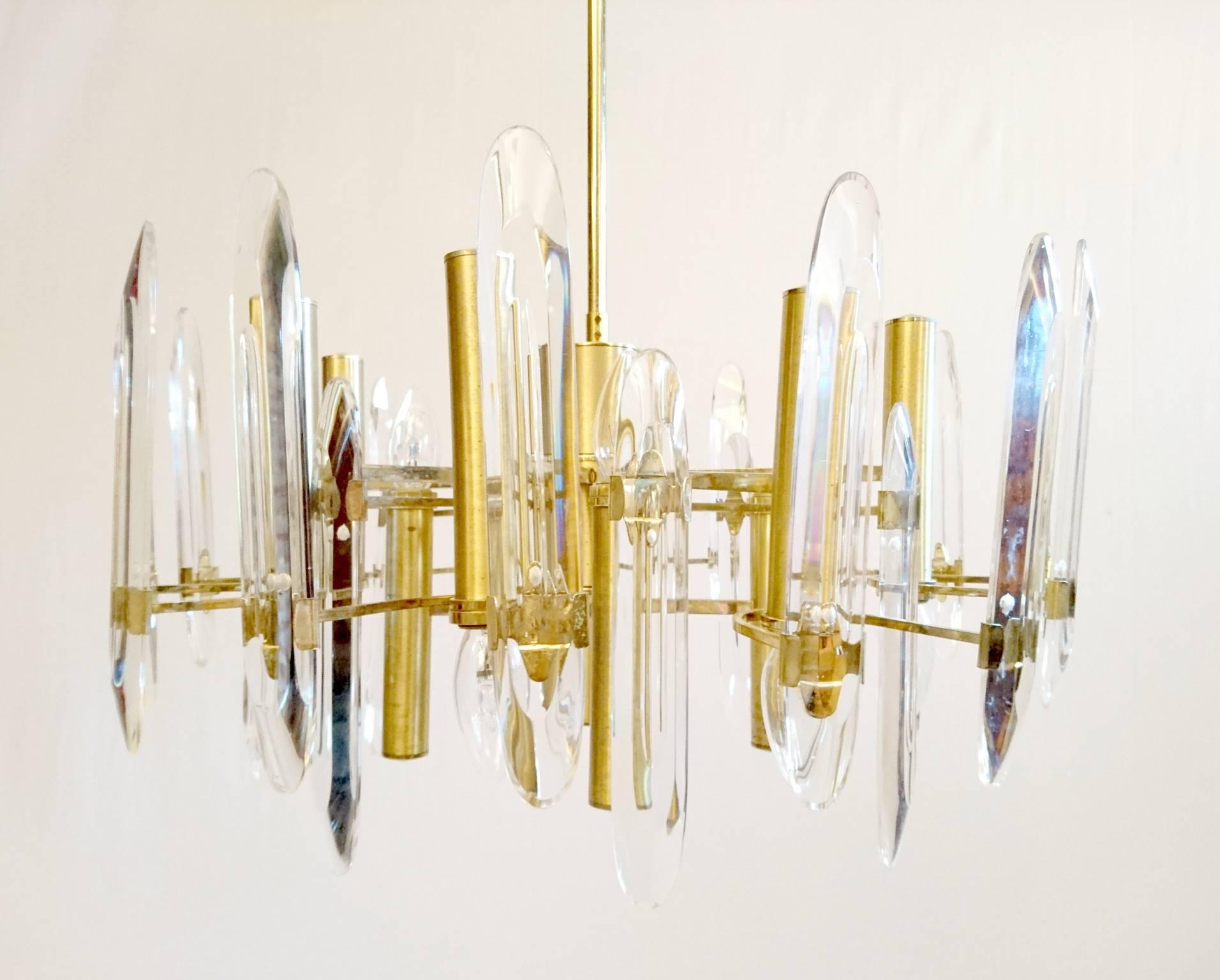 Mid-Century Modern Large Sciolari Gold-Plated Crystal Chandelier with 12 Lights