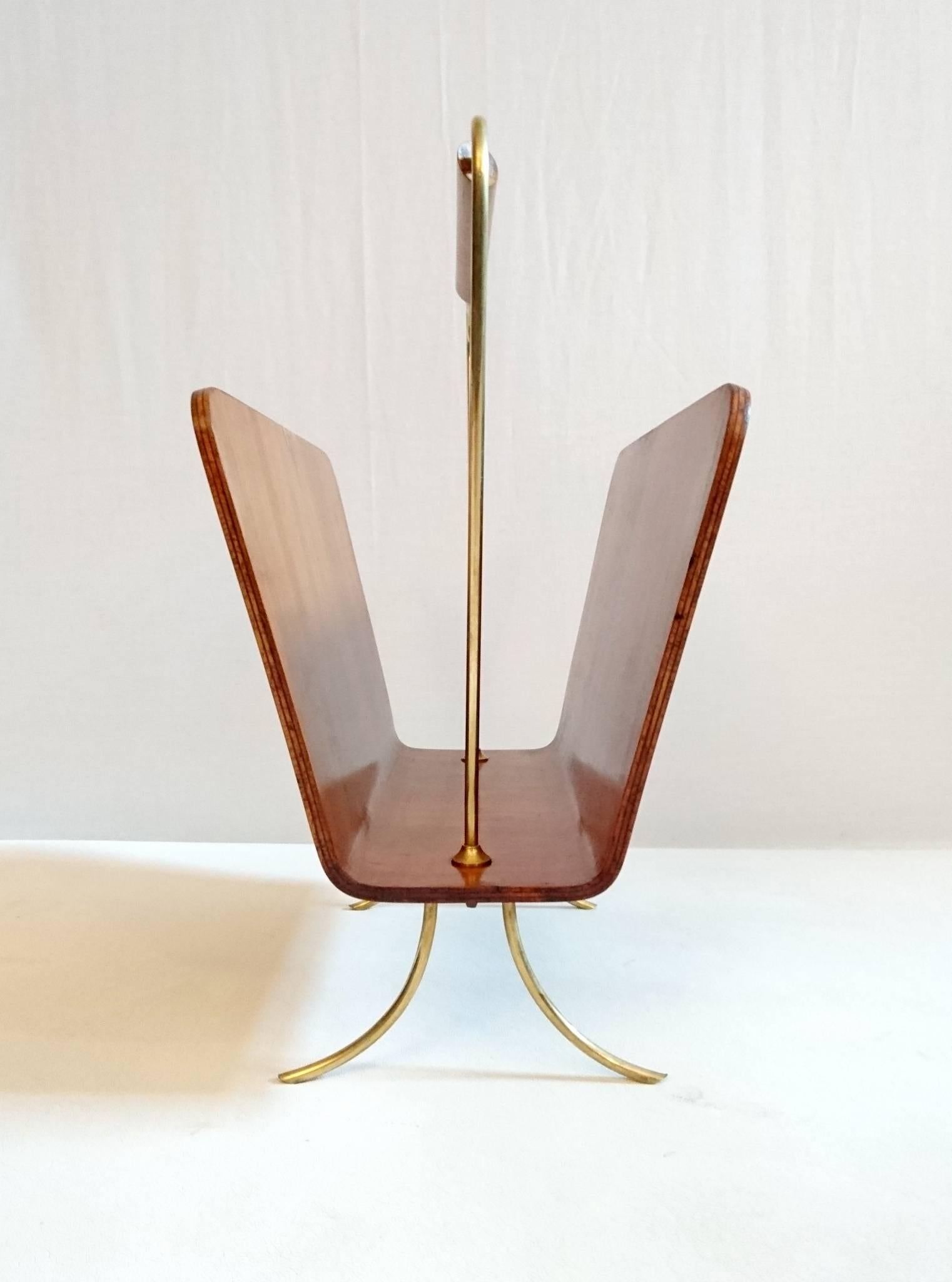 Mid-Century Modern Magazine Rack in Ashwood and Brass, Italy
