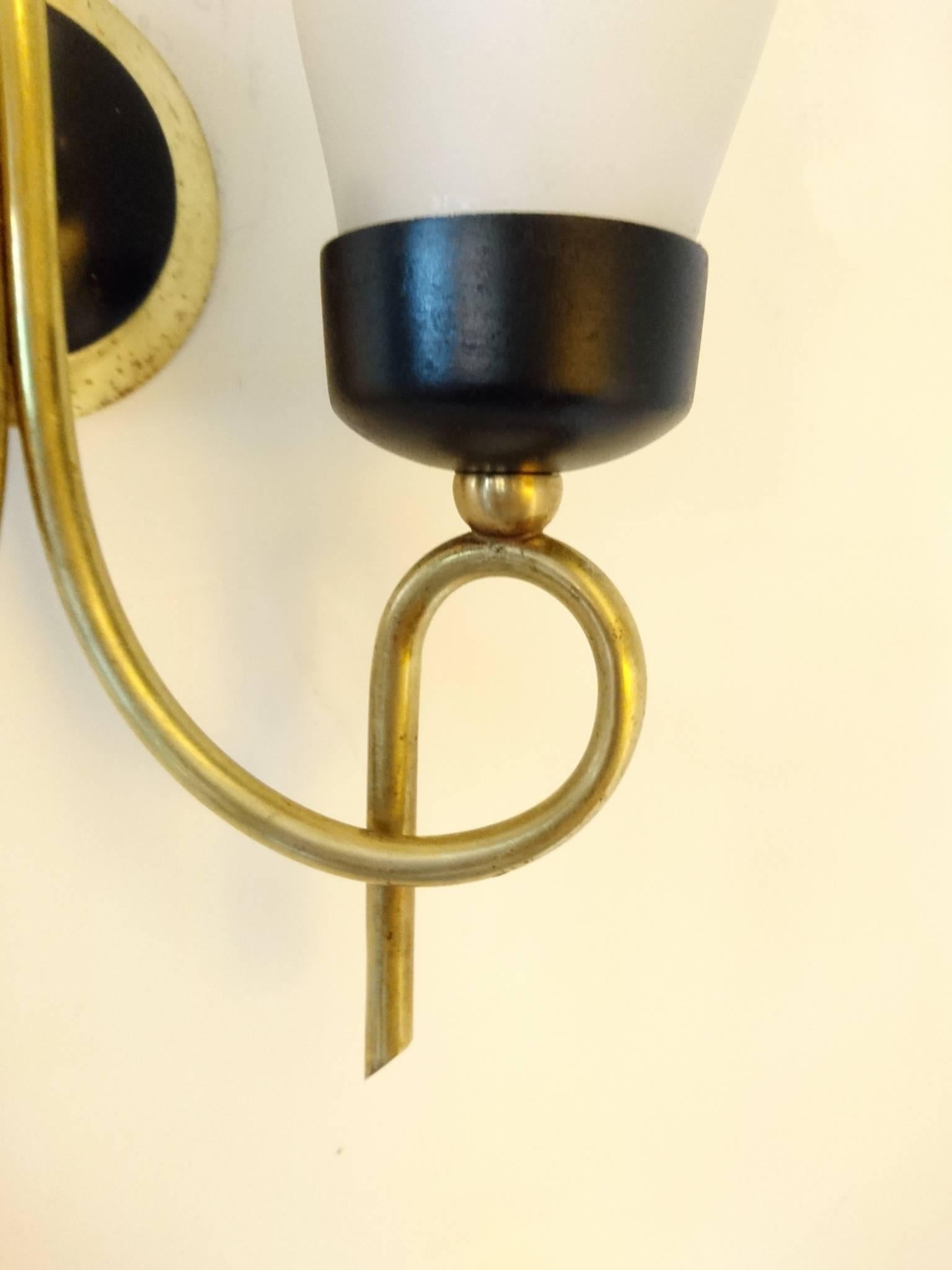 Brass Pair of Italian 1950s Sconces with Opaque Glass