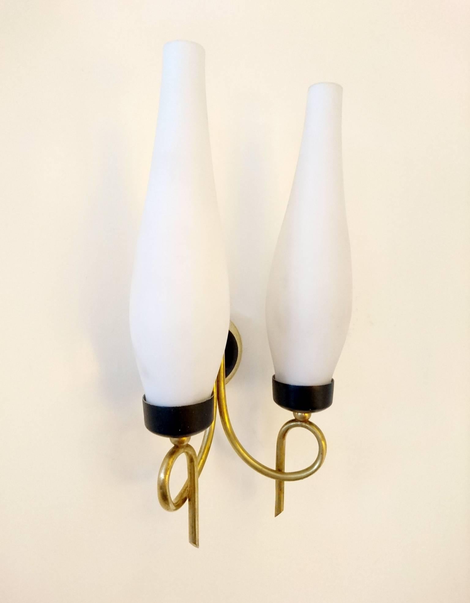 Mid-Century Modern Pair of Italian 1950s Sconces with Opaque Glass