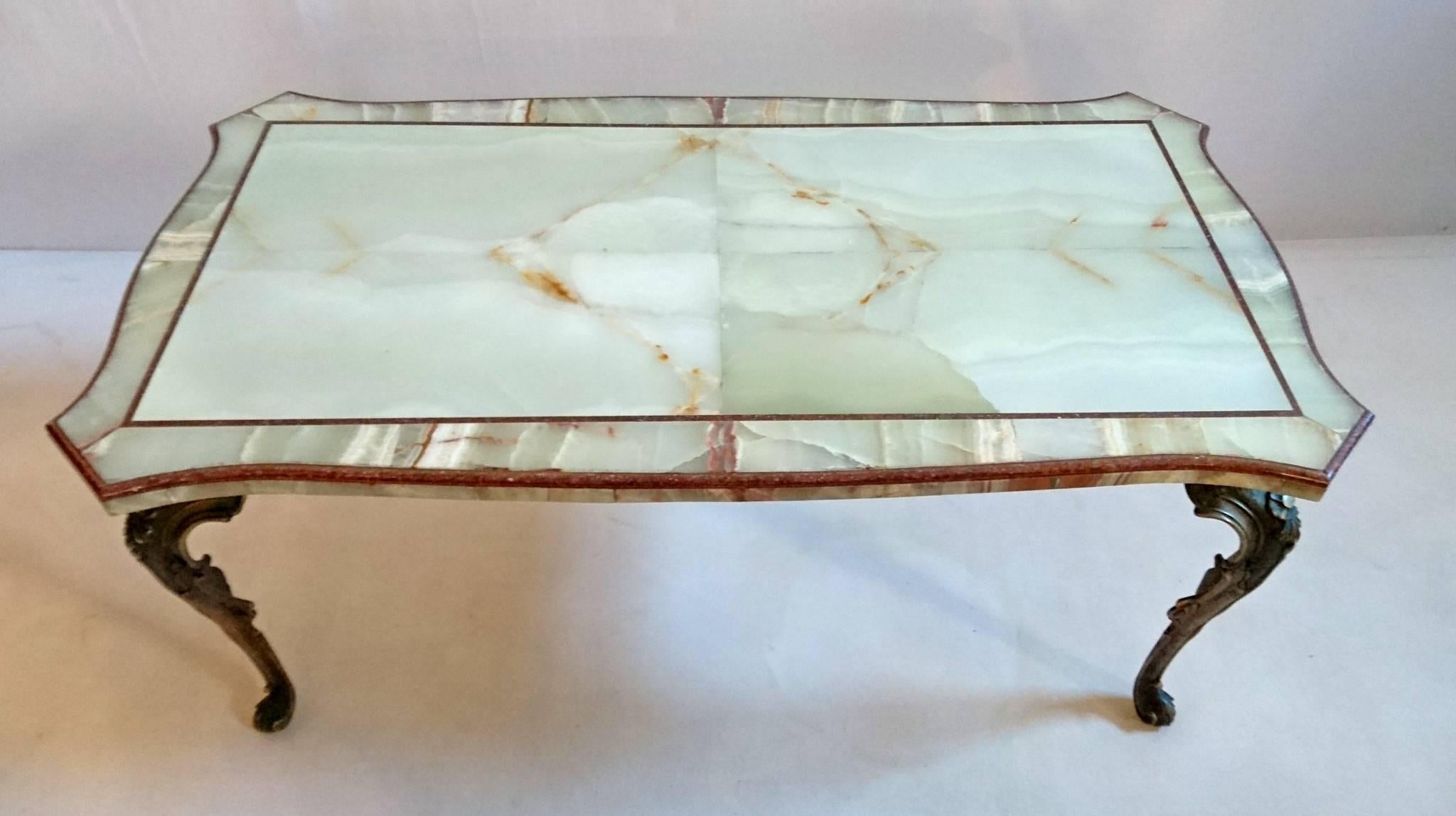 Mid-Century Modern 1950s Italian Onyx and Porphyry Coffee Table with Bronze Cast Base