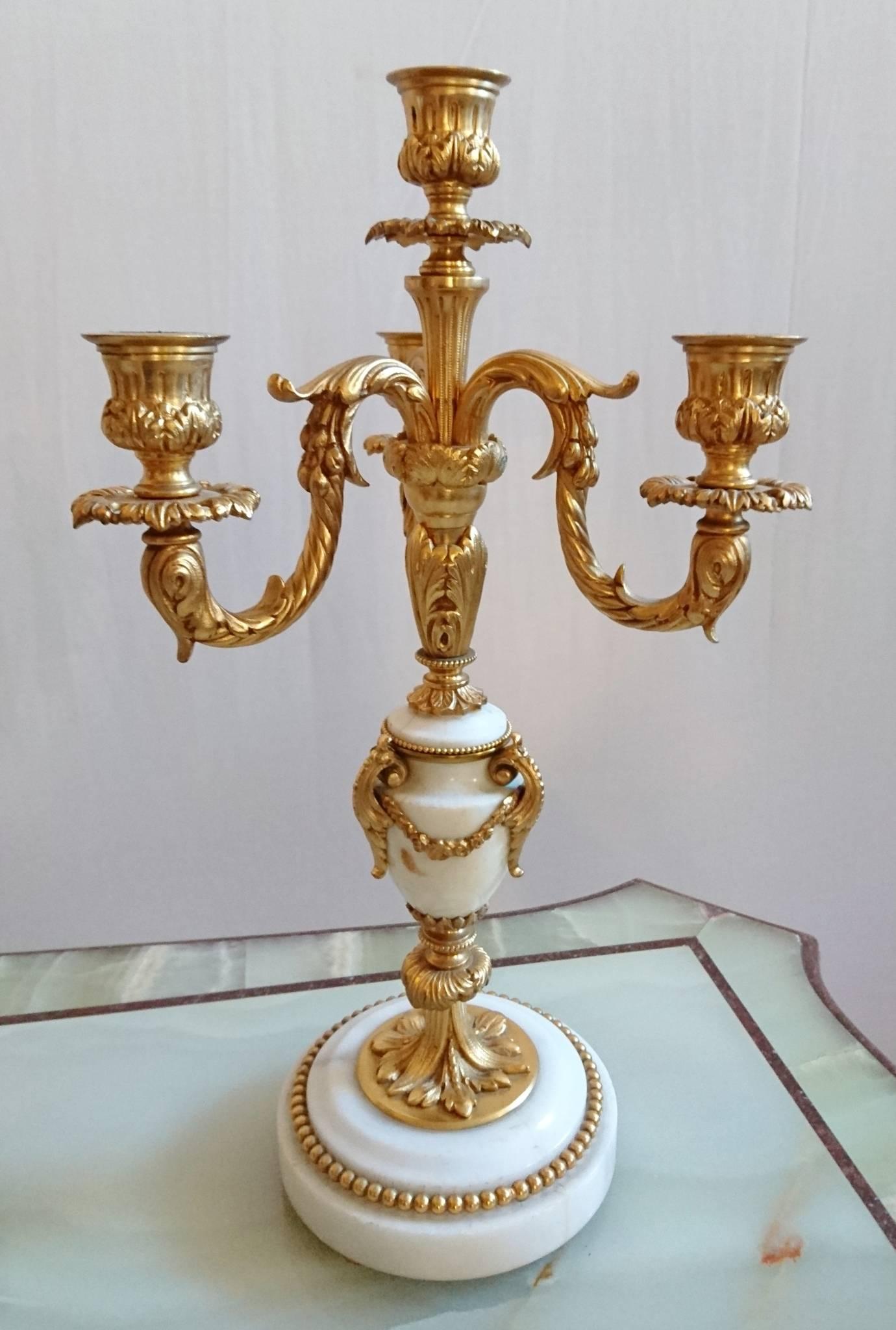 Rococo French Ormolu and White Marble Mantle Clock and Candelabra Garniture