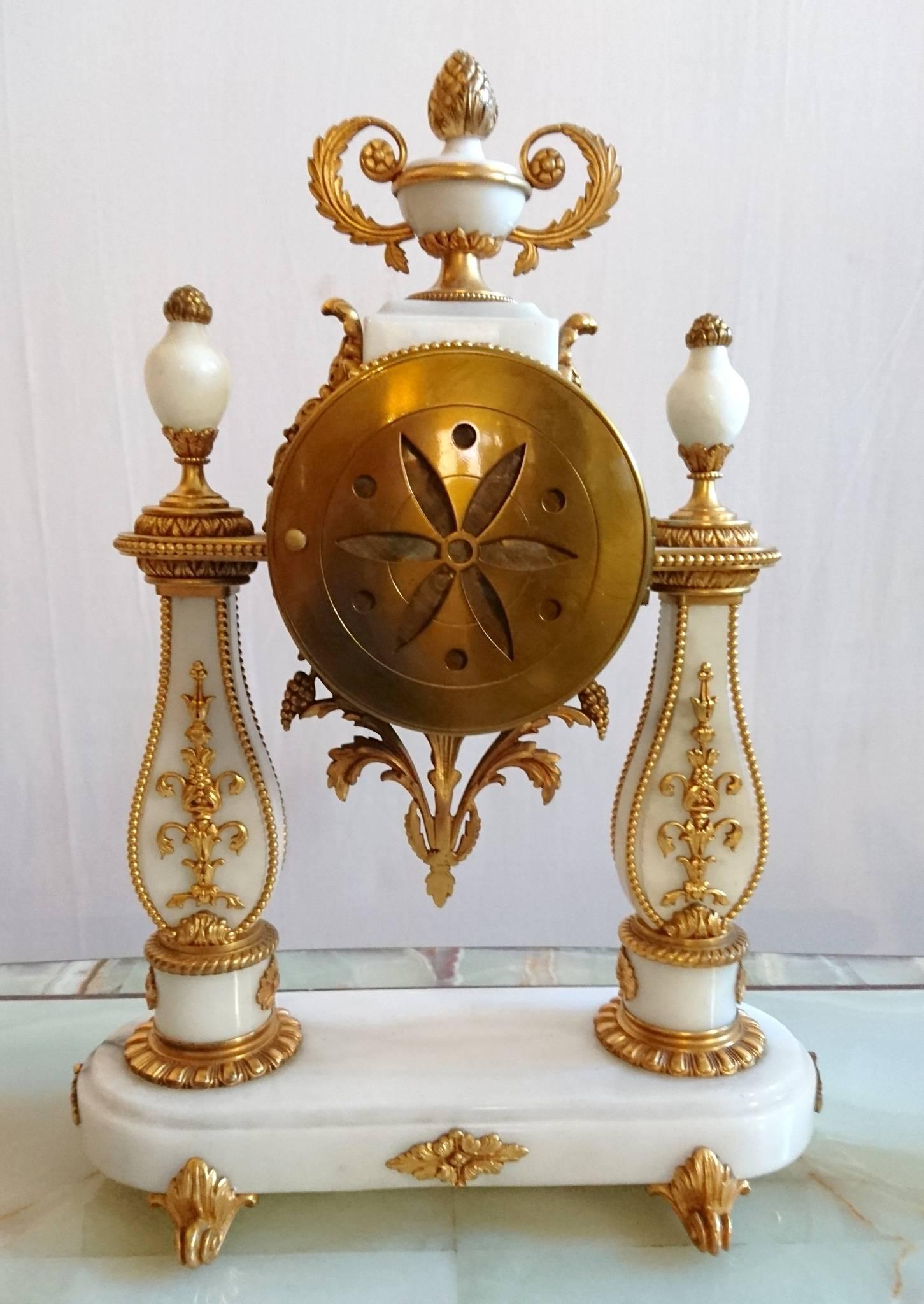 Enamel French Ormolu and White Marble Mantle Clock and Candelabra Garniture