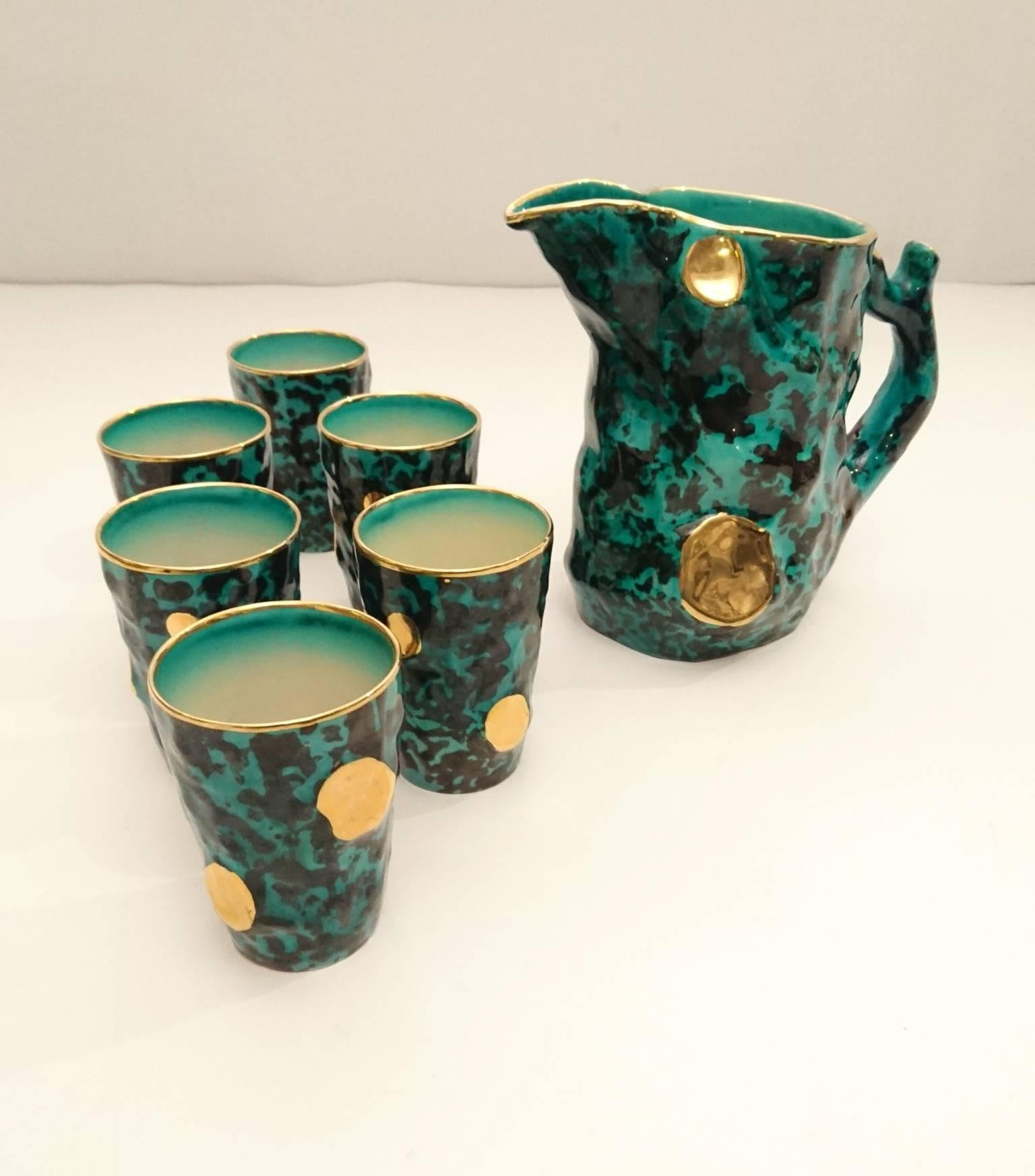 Ceramica Brocca e sei tazze in ceramica di Ceramiche Ceramics, anni '50
