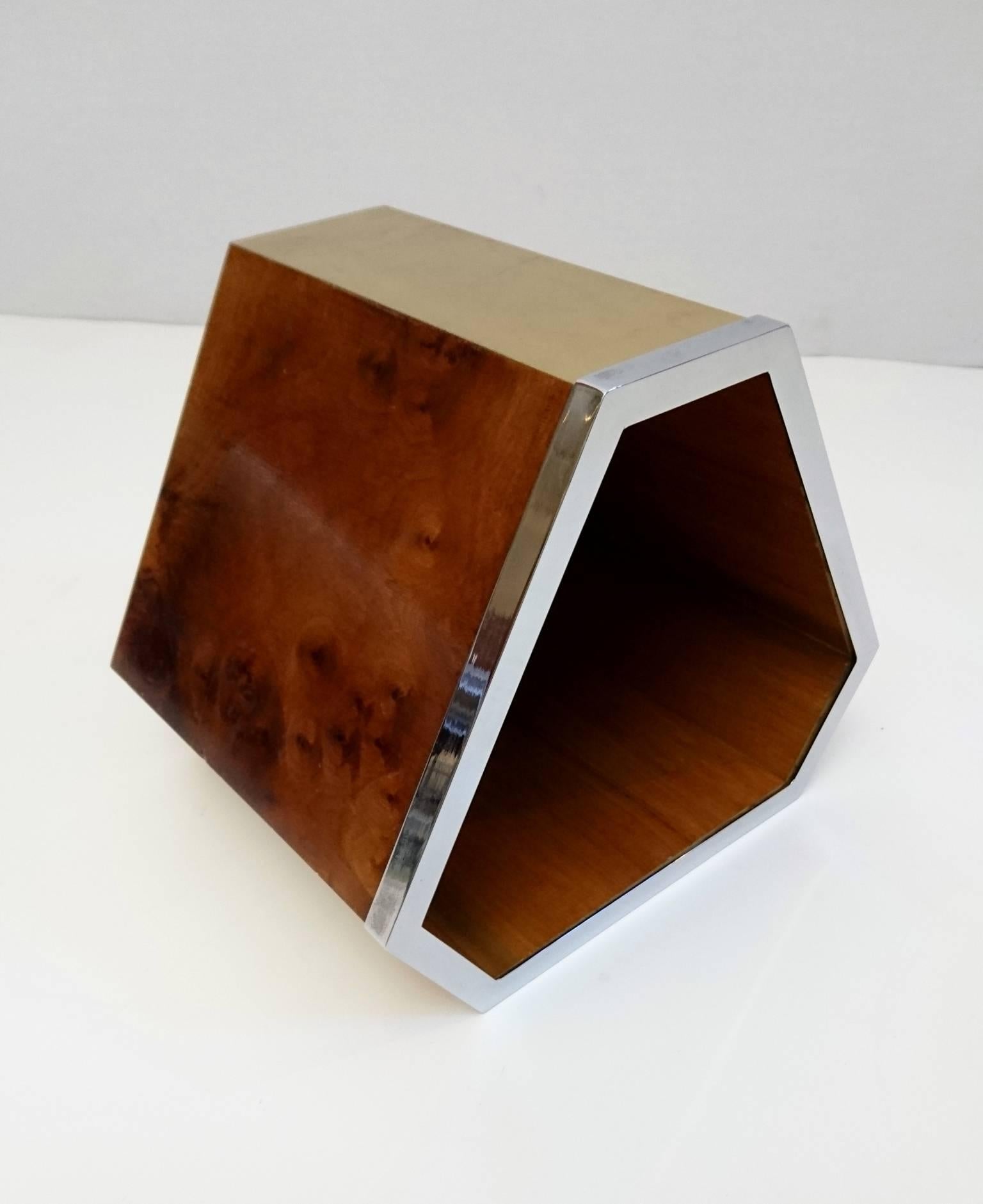 Hexagon shaped magazine holder in maple burl, brass and with a chrome rimmed top.