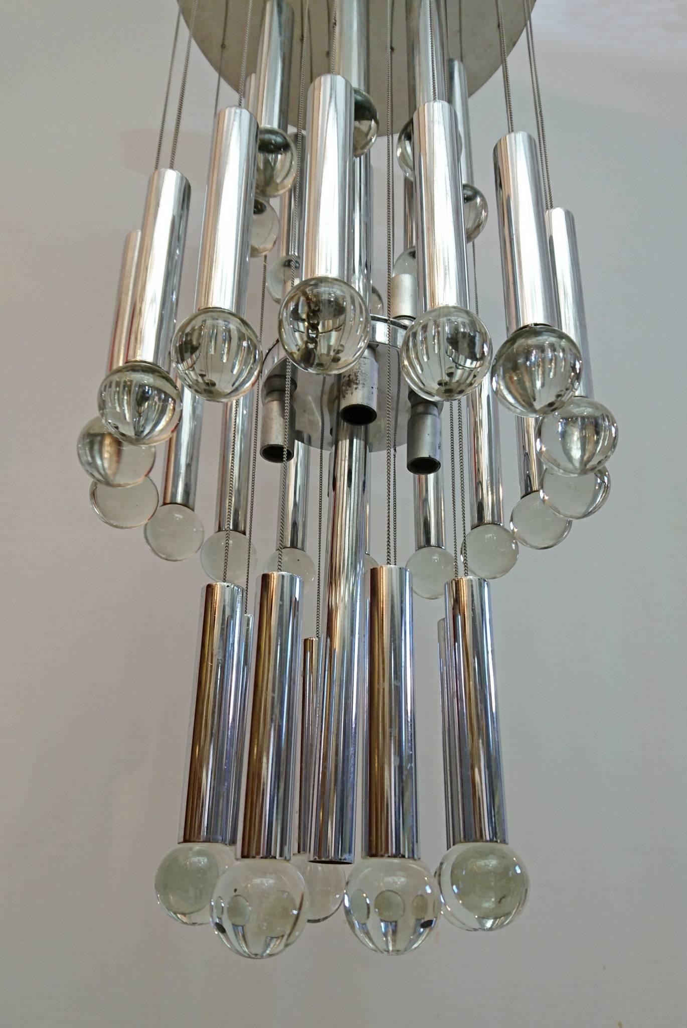 Modern Sciolari Large Glass Ball Chromed Chandelier, 1970s