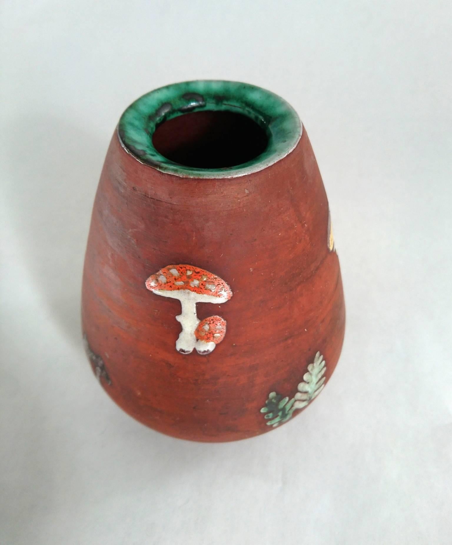 Swedish Mid-Century Ceramic Vase with Mushrooms and Ferns, Sweden